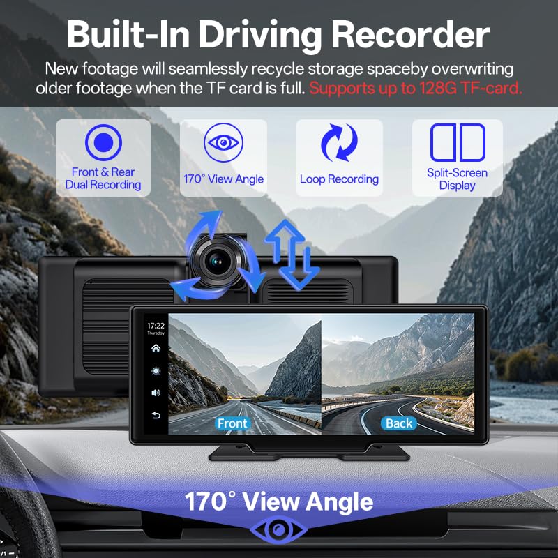 SINOVCLE Carplay Screen for Car,10.26" IPS Screen With 4K Dash Cam, Wireless CarPlay & Android Auto, Voice Control, Bluetooth, Mirror Link, GPS Navigation