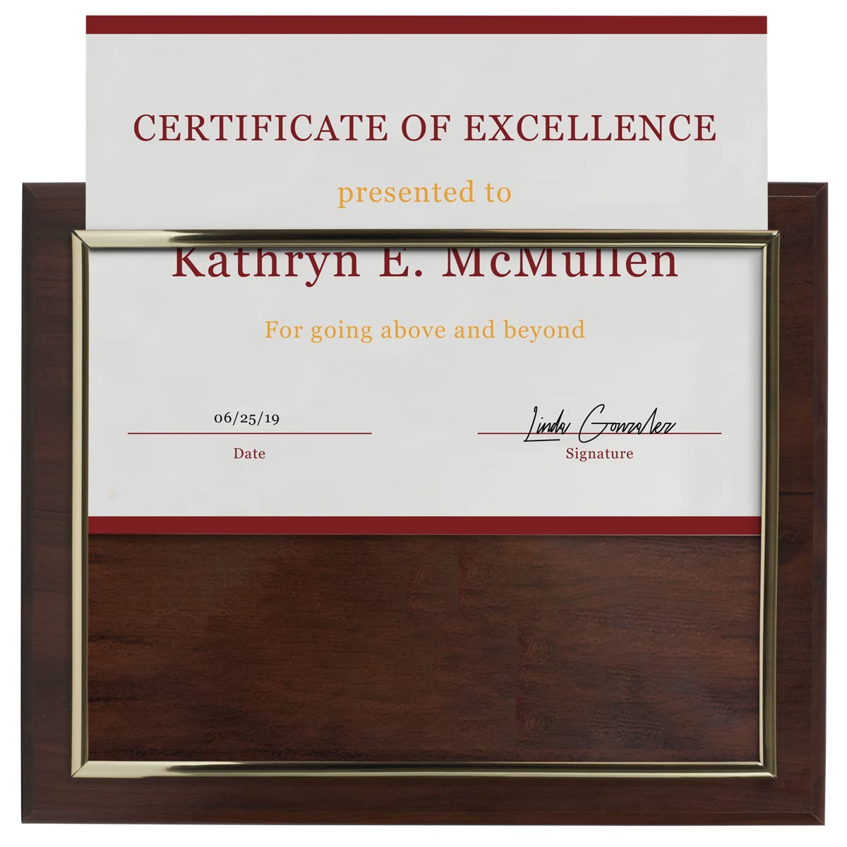 10.5 x 13" Certificate Display Plaque - Offered in Coated Cherry Wood with an 8.5 x 11" Gold Frame - Slide in your Diploma, Award Certificate, Award of Achievement, Class Photo, and More