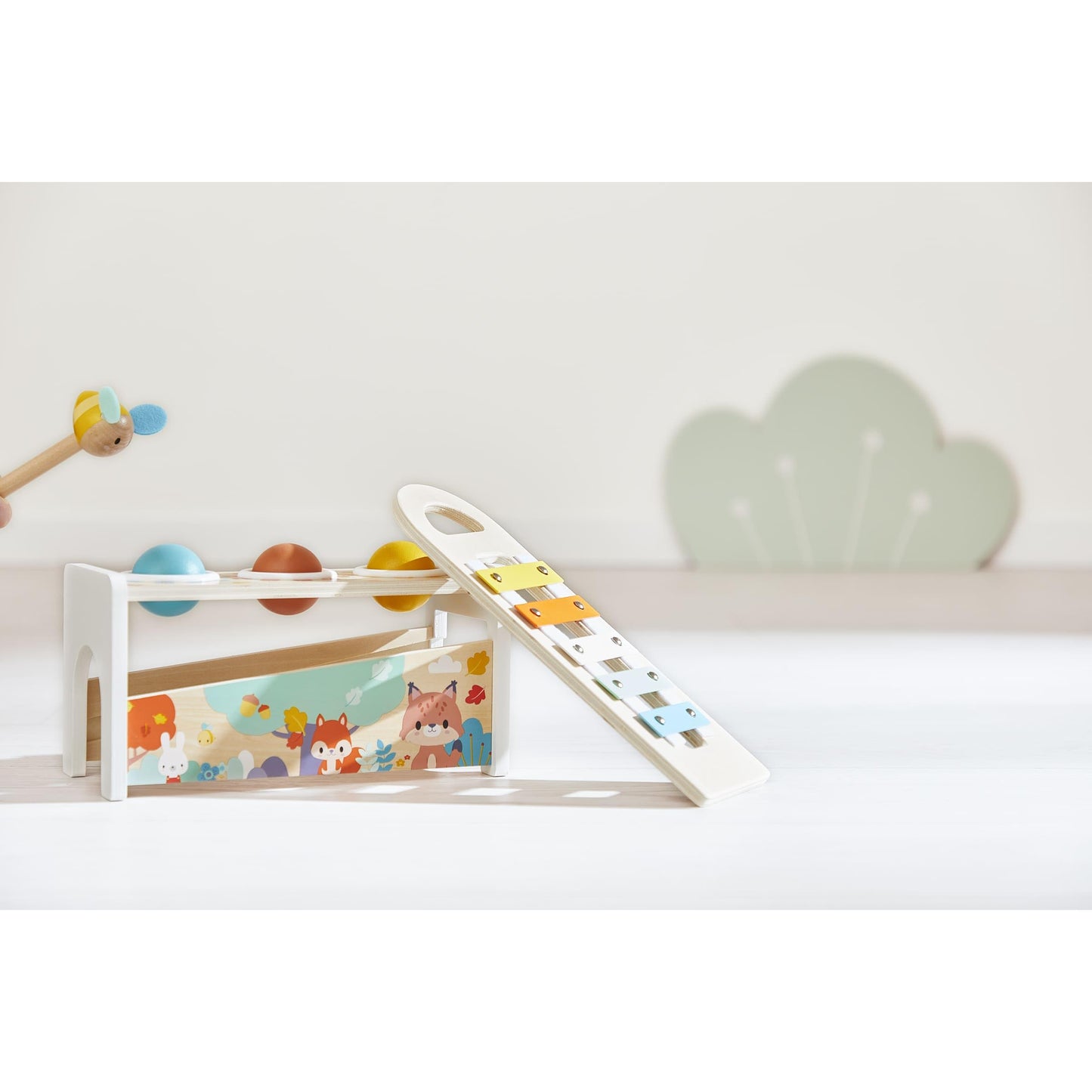 Janod Pure Tap Pastel Wooden Xylophone Pounding Bench with Cherry Wood Balls & Bee Shaped Hammer for Ages 12+ Months (J05155)
