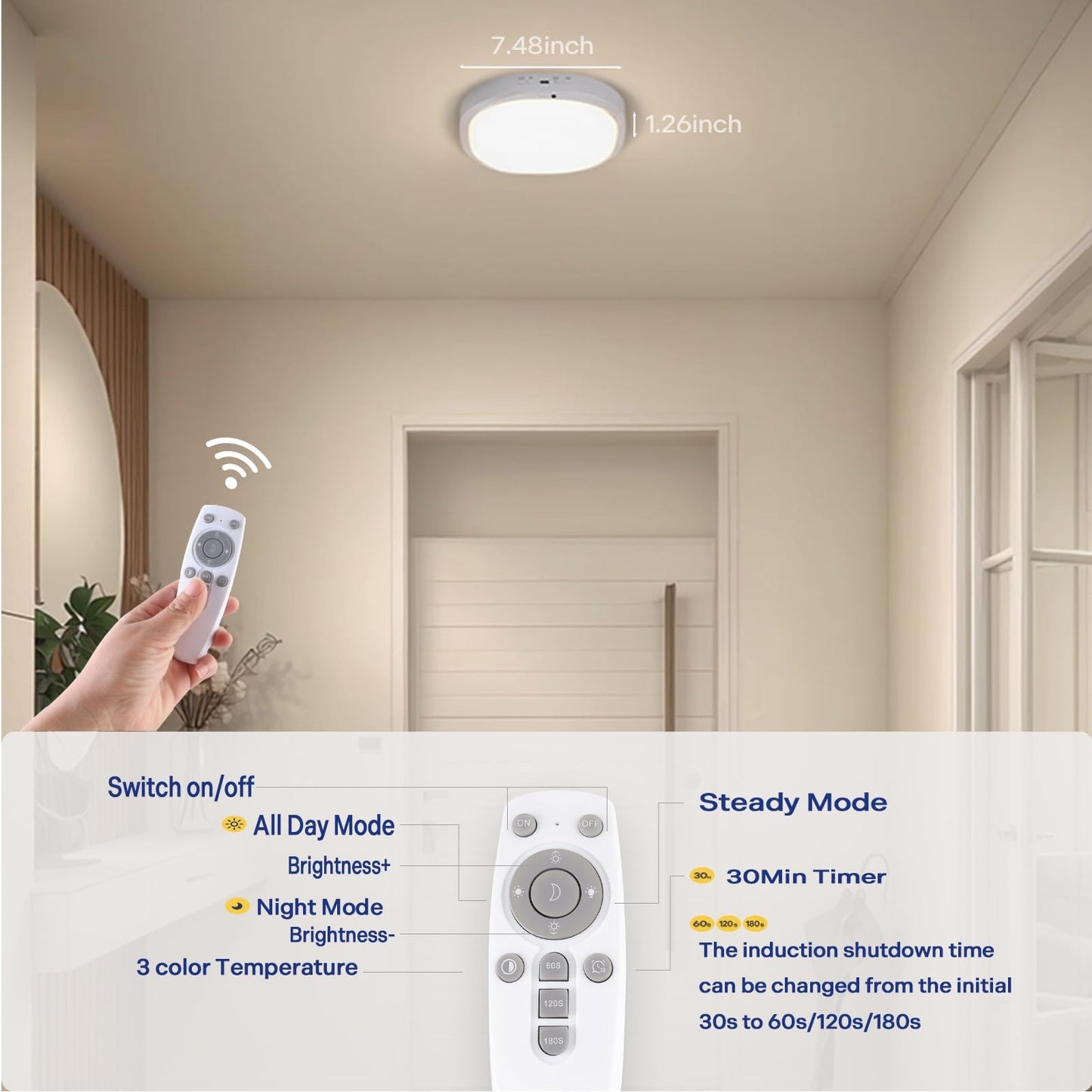 KNHUOS 2 Packs Motion Sensor Closet Light with Remote, No Wiring Battery Operated Ceiling Light with 10000mAh, Waterproof Shower Light for Bathroom Closet Stairs Pantry