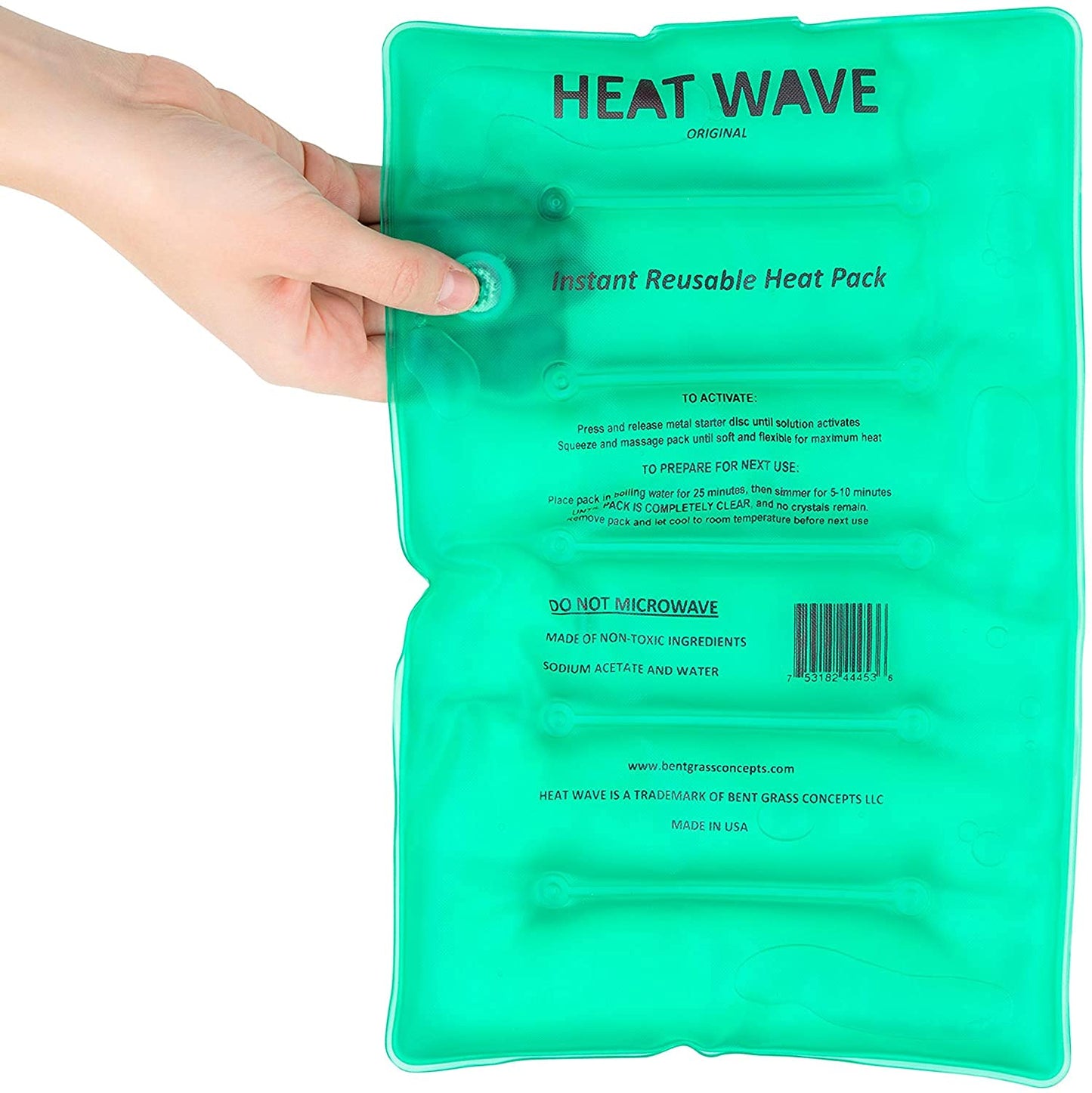 HEAT WAVE Instant Reusable Heat Pack- Medical Grade (8x12) Stiff & Sore Muscles,Pain Relief, Hiking and Camping Warmth Made in USA Large Clear 2-Pack
