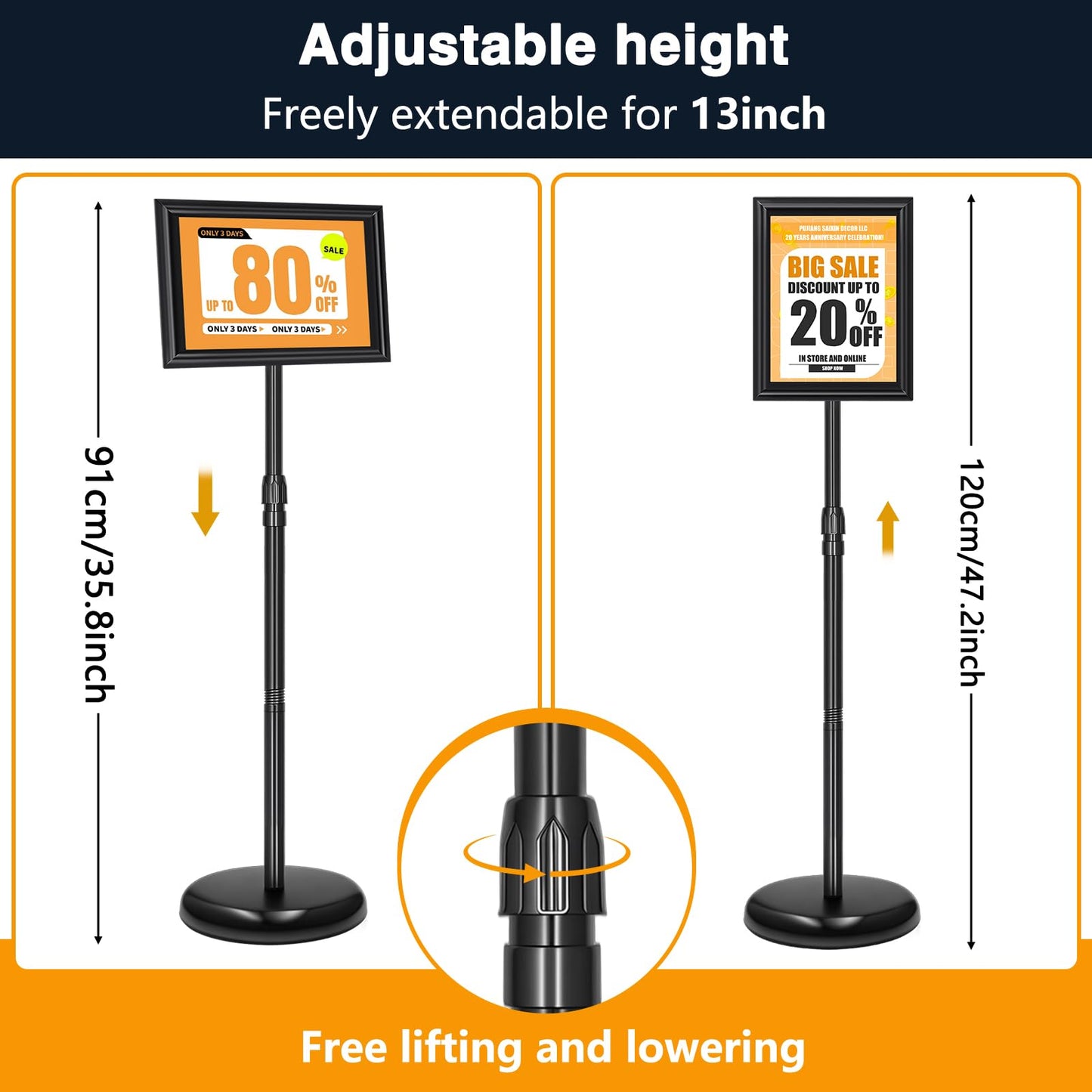 EthPul 2 Pack Sign Holder Stand 8.5x11 inch, Height Adjustable Floor Standing Signage Stand with 360° Rotated Frame, Outdoor Indoor Poster Stand with Base for Business, advertising, Malls