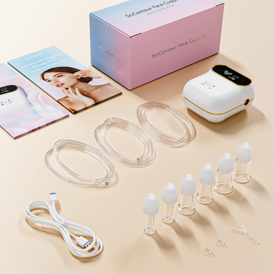 Rolevin 6Pcs Electric Facial Cupping Therapy Set Glass, 3 in 1 Gua Sha Facial Tools Face Cupping Massage for Eye Neck Skin Care, 3 Size Vacuum Suction Cups for Cellulite, Puffiness Reduction