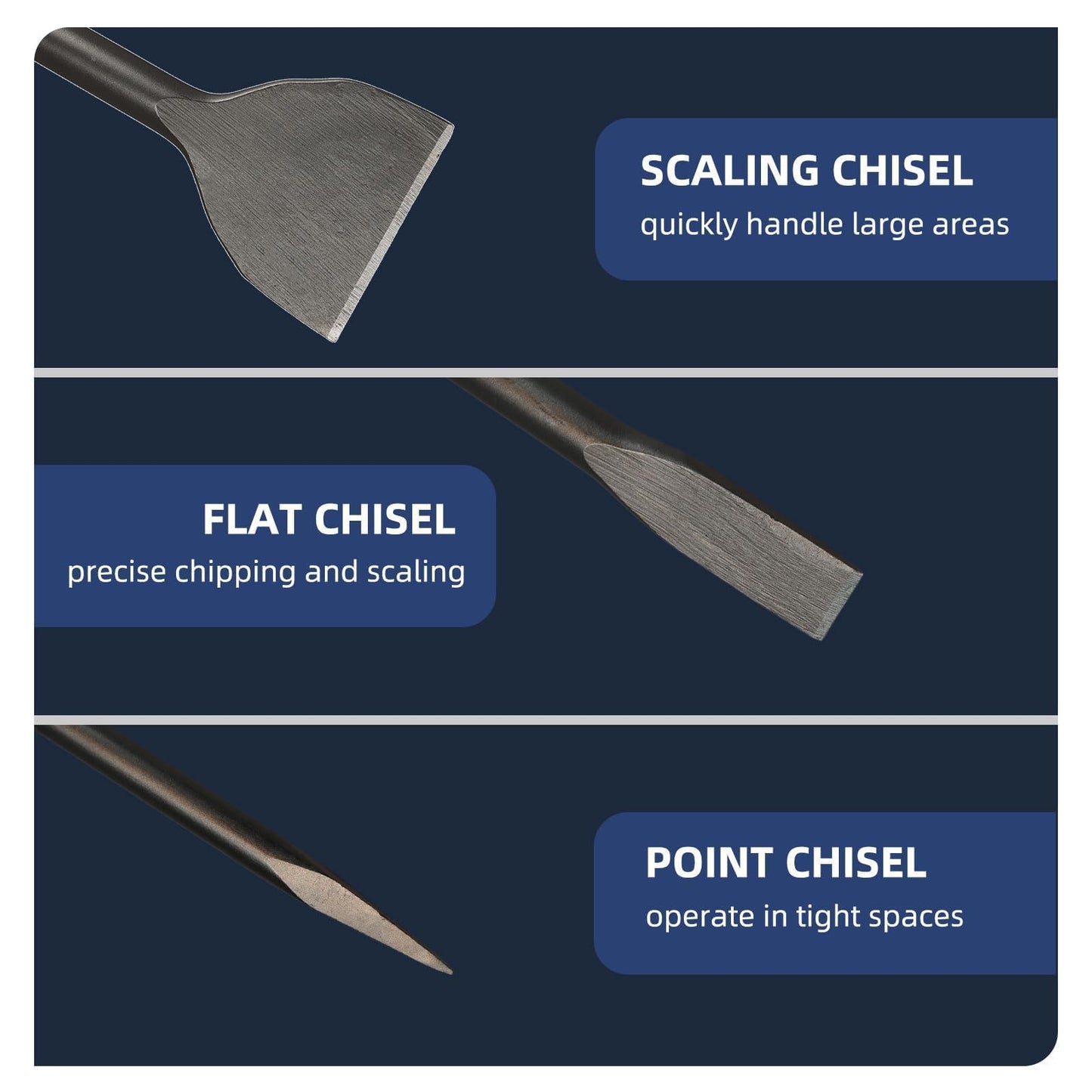 24 Inch SDS Max 3pc Set - 1 Inch Flat Chisel, Point Chisel and 3 Inch Scaling Chisels - Masonry Concrete Drill Bit Set 40Cr Steel SDS Max Bits Rotary Hammer Drill for Brick Stone Concrete