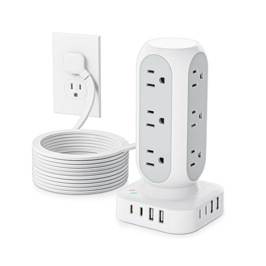 Flat Plug Power Strip Tower, 40W Total Fast Charging Station, Dual PD 20W USB-C Surge Protector with 12 AC Outlets and 8 USB Ports (4 USB C), 10FT Extension Cord for Home Office Dorm Room