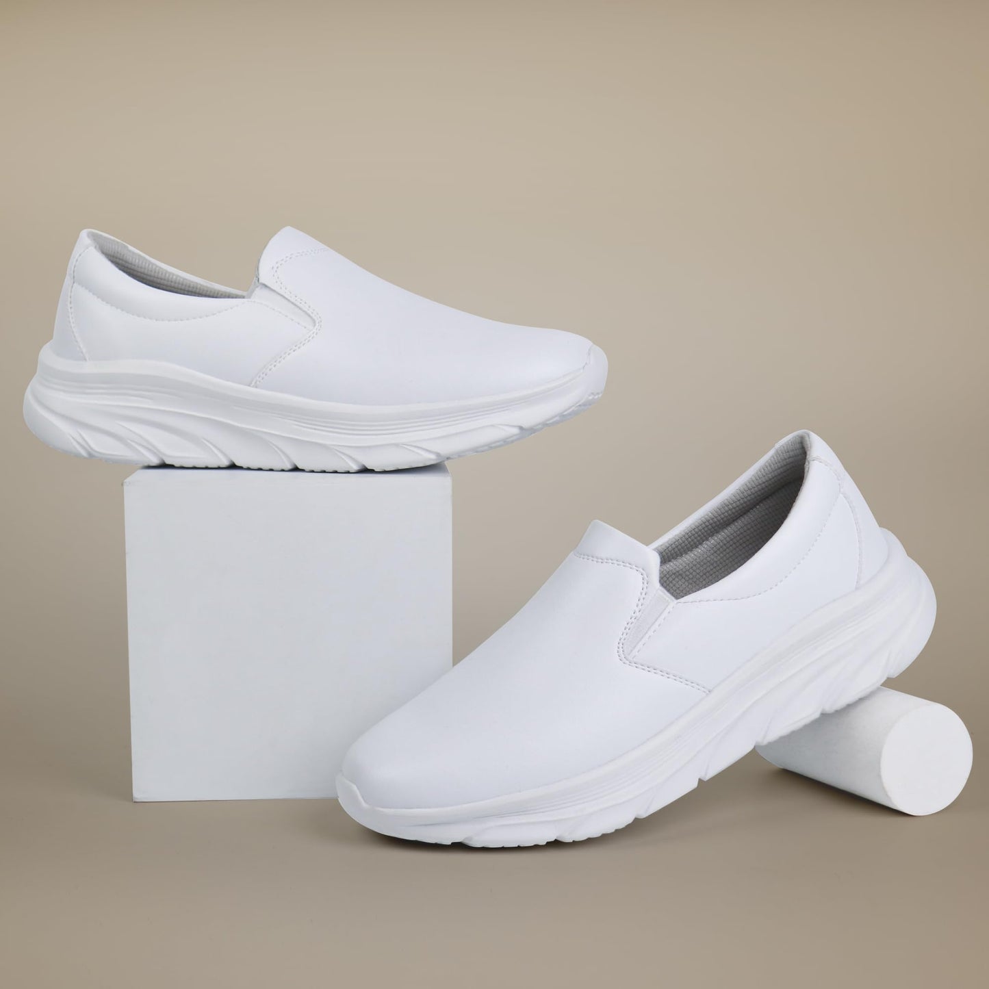 Hawkwell Men's Slip On Arch Support Lightweight Slip Resistant Comfortable Nursing Shoes,Synthetic Leather White,11 M US
