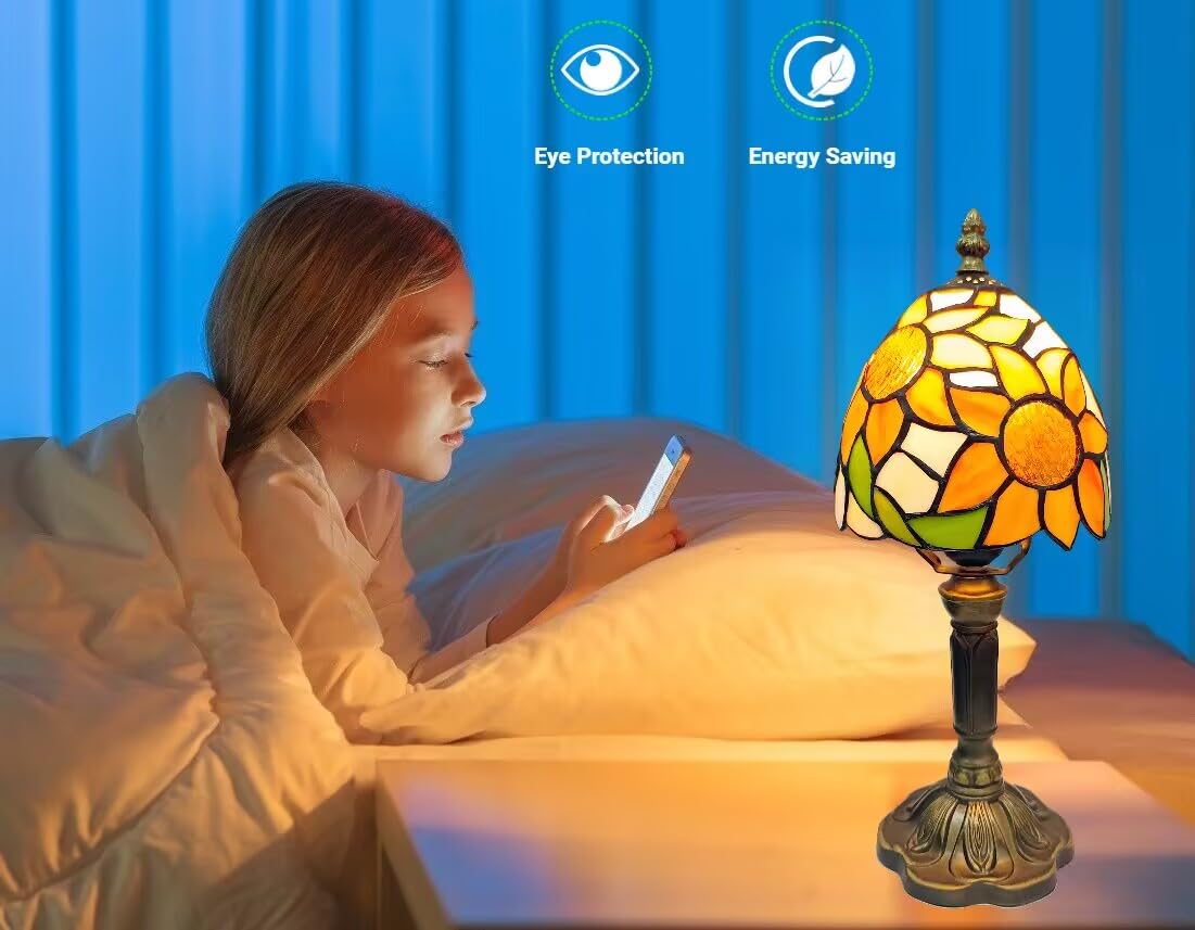 BMXKPO Tiffany Style Table Lamp,Sunflower Stained Glass Lamp,6 Inch Small Antique Bedside Lamp, for Bedroom Living Room Home,Included Dimmable LED Bulb 8W