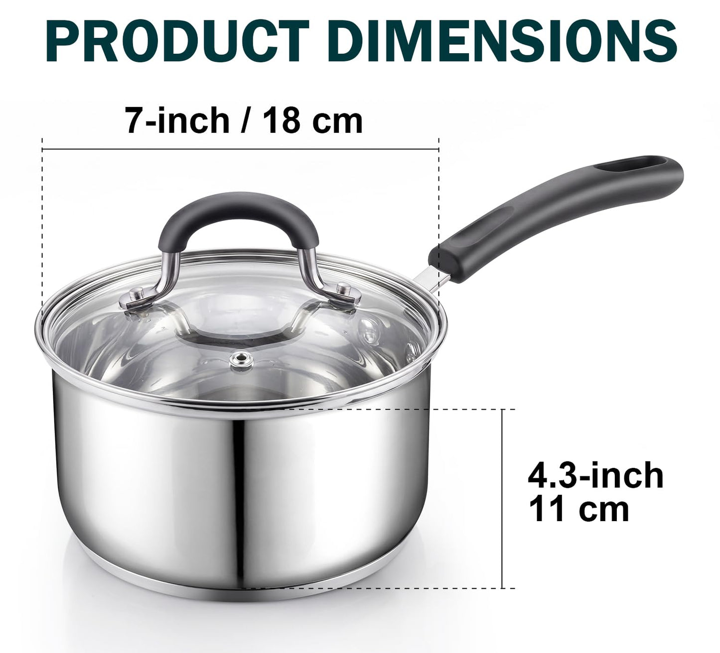Cook N Home Professional 3 Quart Stainless Steel Saucepan with Lid, Kitchen Induction Cooking Sauce Pot Pan, Stay-Cool Silicone Handle, Dishwasher Safe