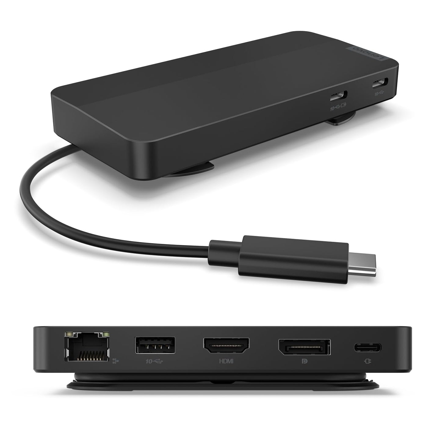 Lenovo USB-C Dual Display Travel Dock - 7 Ports, Integrated Cable, Universal Compatibility, 4K Support - Black