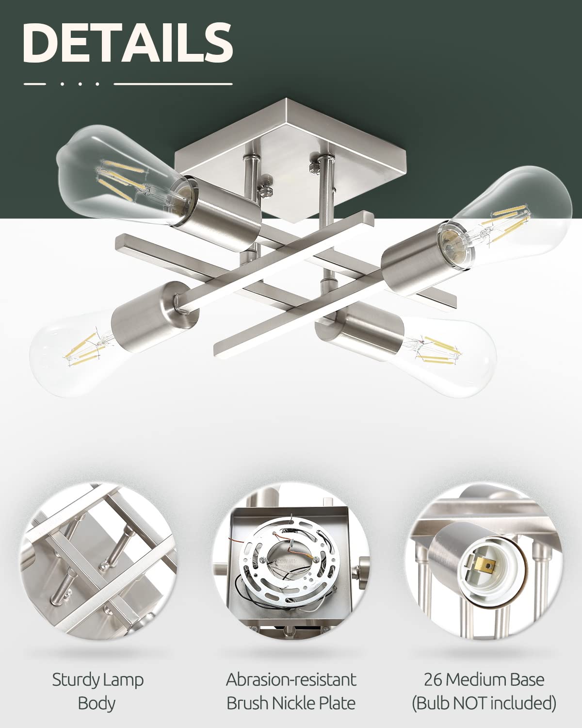 Eietonte Industrial 4-Light Semi Flush Mount Ceiling Light Fixture, Modern Brushed Nickel Chandelier Lighting, Farmhouse E26 Base Sputnik Ceiling Lamp for Kitchen Bedroom Living Room Entryway, 2 Pack