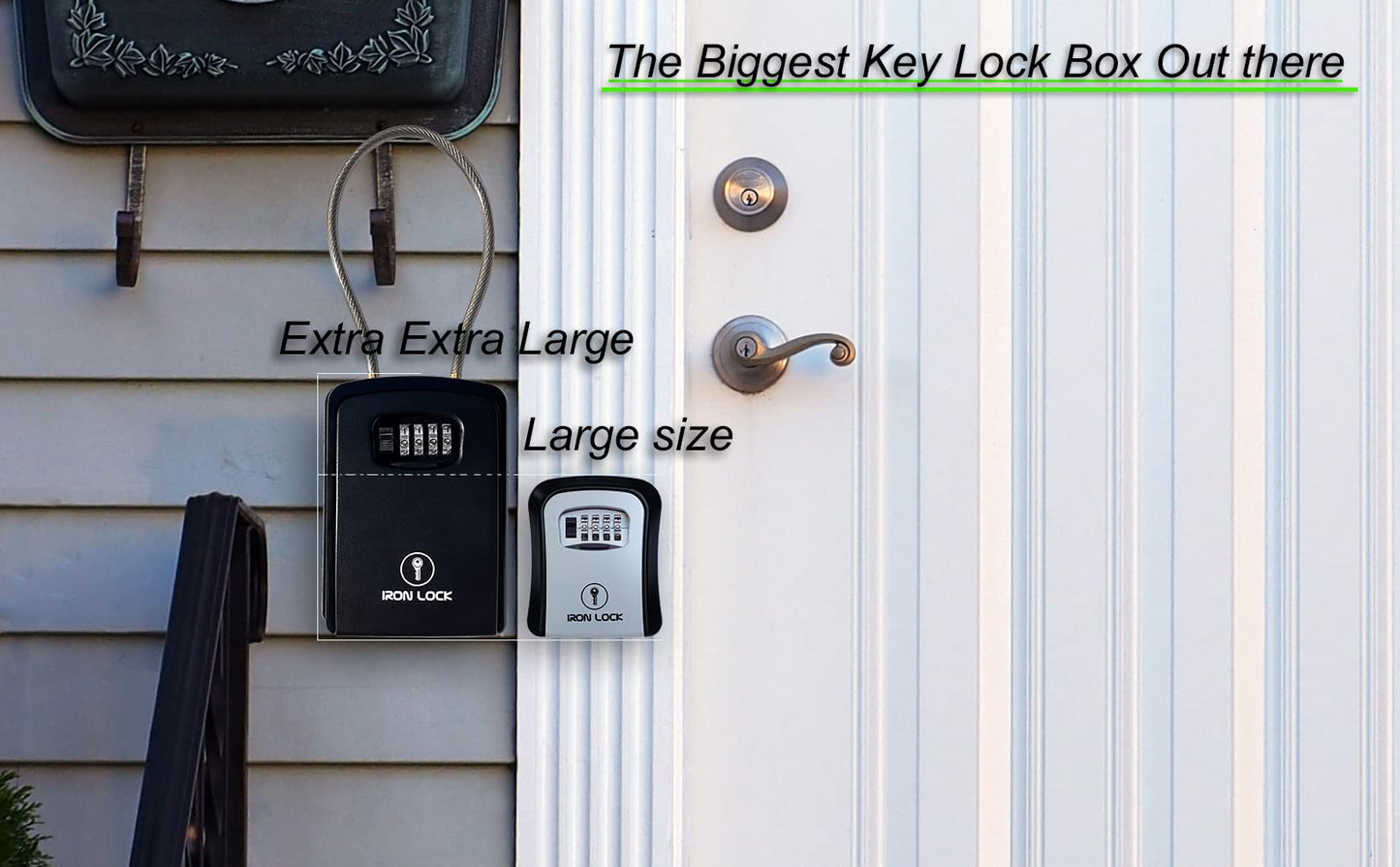 Iron Lock® XXL Key Lock Box Portable and Wall Mounted with Removable Cable Shackle Waterproof Indoor Outdoor 4 Digit Combo Resettable Code with A B Switch Extra Large Key Lockbox Outside Key Cabinets