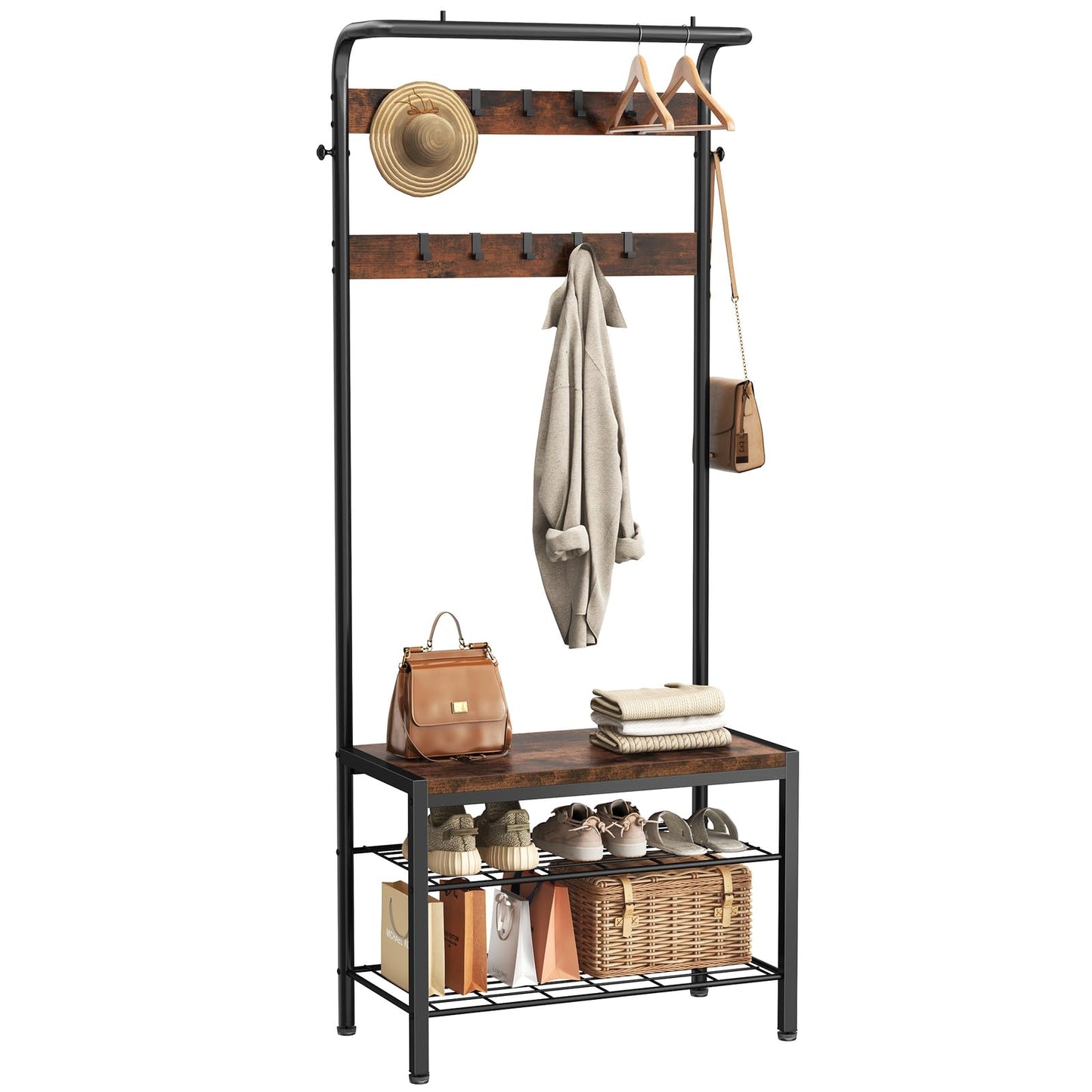 NEWBULIG Hall Tree with Shoe Bench and Coat Rack, 4-in-1 Entryway Organizer with 10 Hooks and Storage Shelf, Rustic Wood Finish Entryway Bench for Mudroom, Living Room, Bedroom, Brown