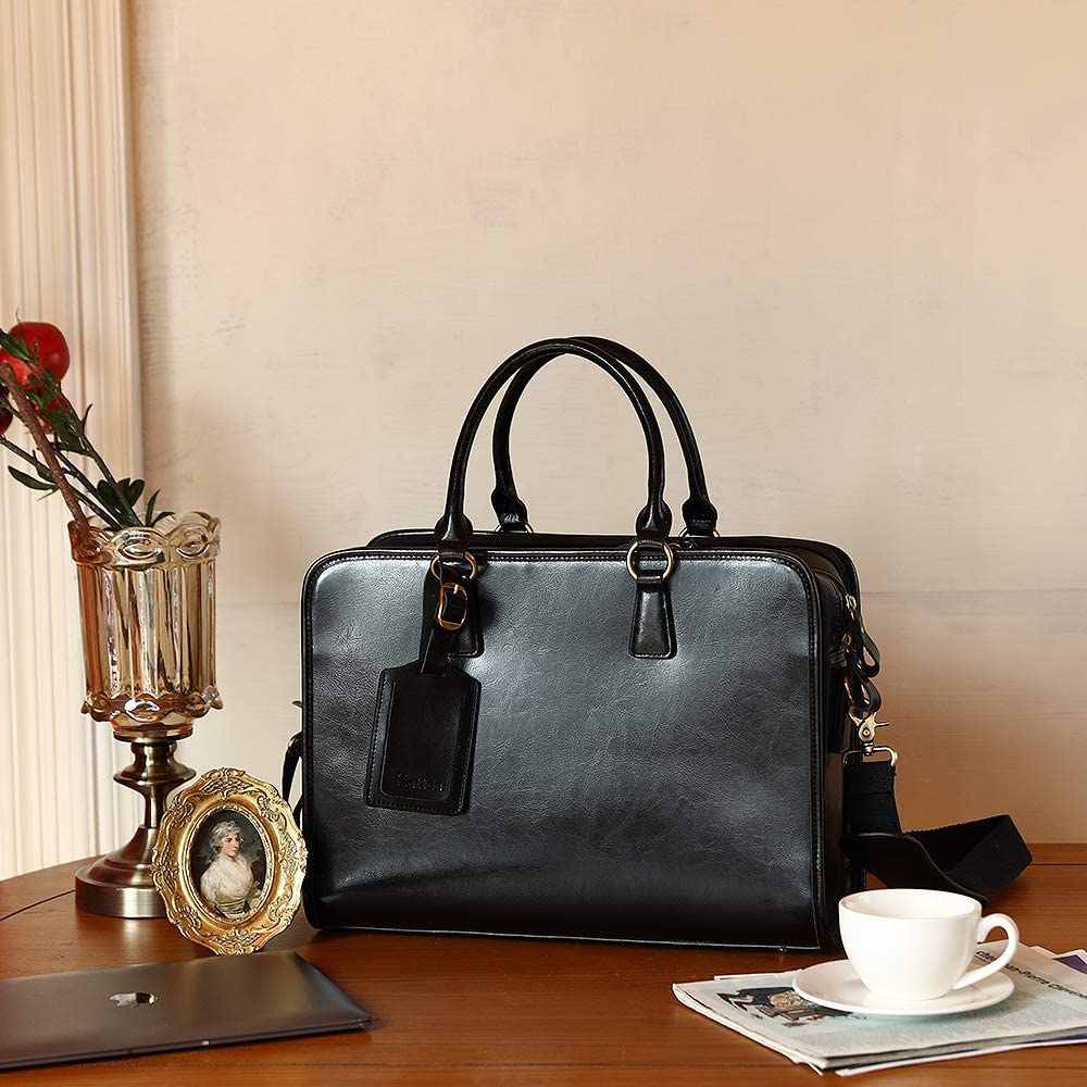 Kattee Genuine Leather Briefcase for Women, Large Capacity Laptop Bag with Luggage Tag