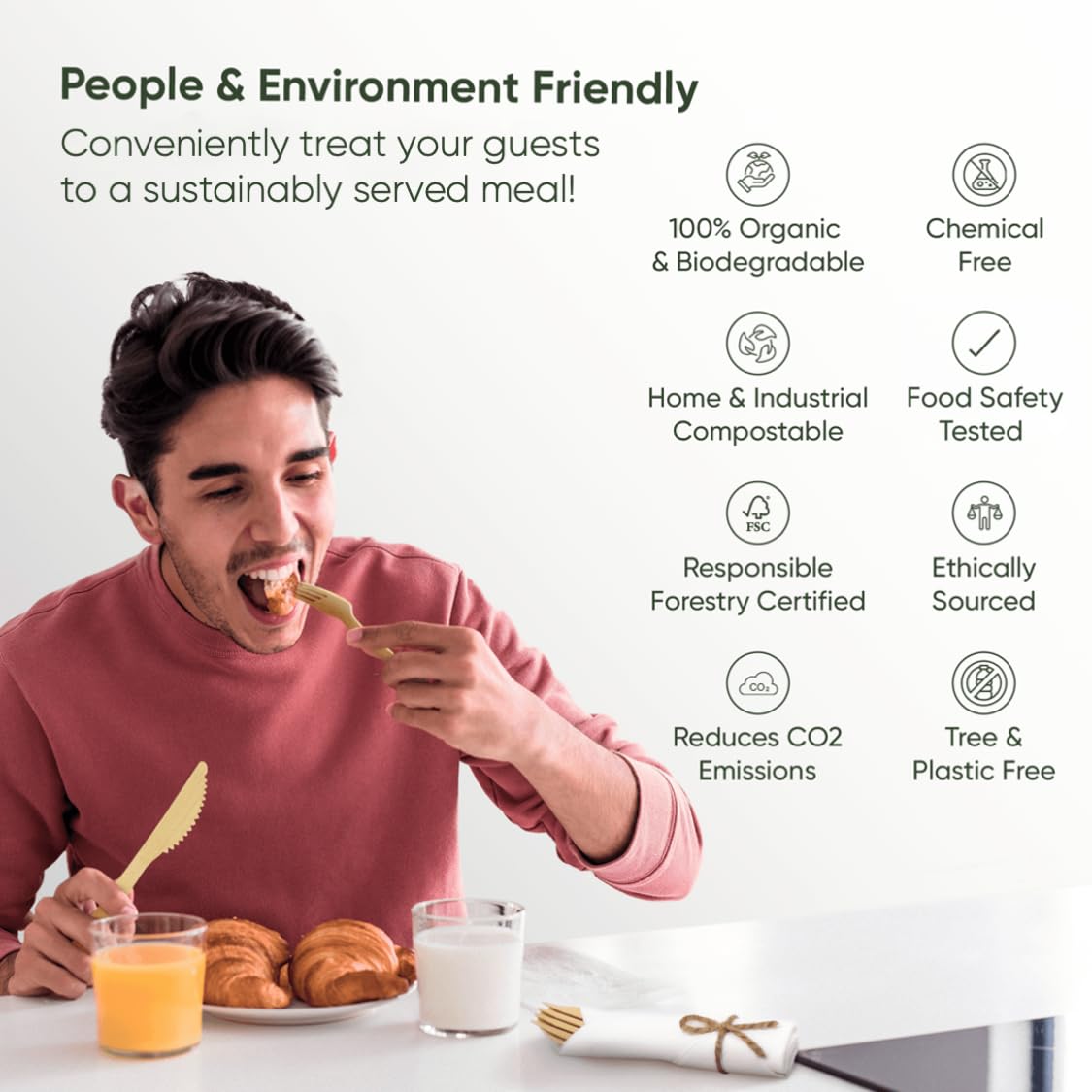 EcoPreps Premium Pre-Rolled Napkin and Bamboo Cutlery Set (50 Pack, 200 PCS) 100% Biodegradable, Eco-Friendly, Disposable Wrapped Cutlery - Includes Pre-Wrapped Bamboo Forks, Knives, Spoons, & Napkins