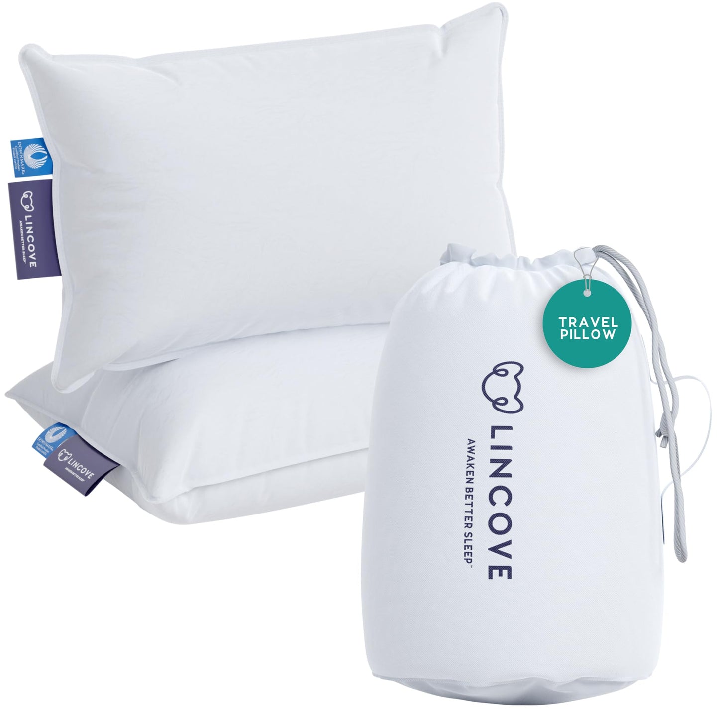 Lincove Canadian Down Feather Travel Pillow Pack of 2 - Luxury Pillows to Support Head, Neck, While Sleeping on Airplanes, Cars, Hotels & Home - Comfortable Vacation Sleeping Essential, 13"x18"
