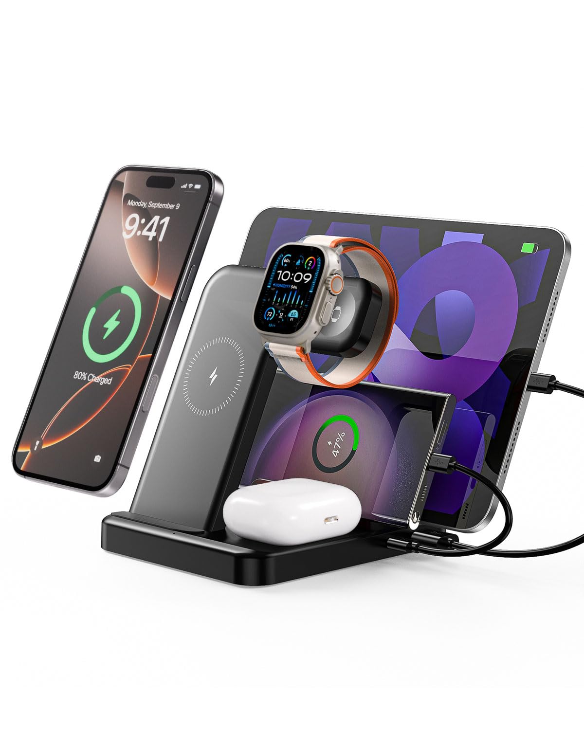 Intoval 5-in-1 Charging Station, for iPhones 16 Pro/16 Pro Max/16 and Androids, iPad Pro/Air/Mini, Apple Watch 10/Ultra 2/Ultra/8/7/6/SE, Wireless Charging Dock for Multiple Devices (G805, Black)