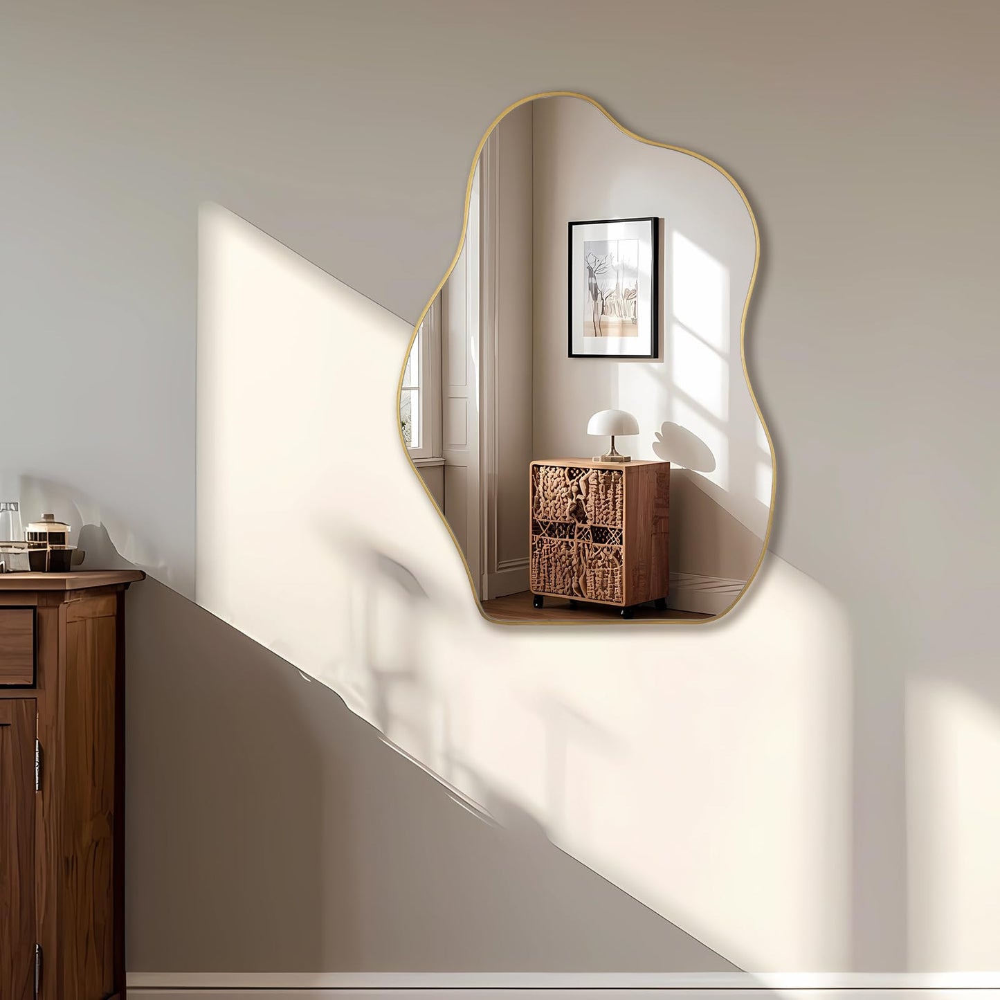 BOMINICA Irregular Wall Mirror Asymmetrical Mirror, Decorative Wall Mirror Golden Wood Framed, Wall Mounted Mirror for Bathroom Living Room Entryway Bedroom Hallway (Gold, 20" x 28")