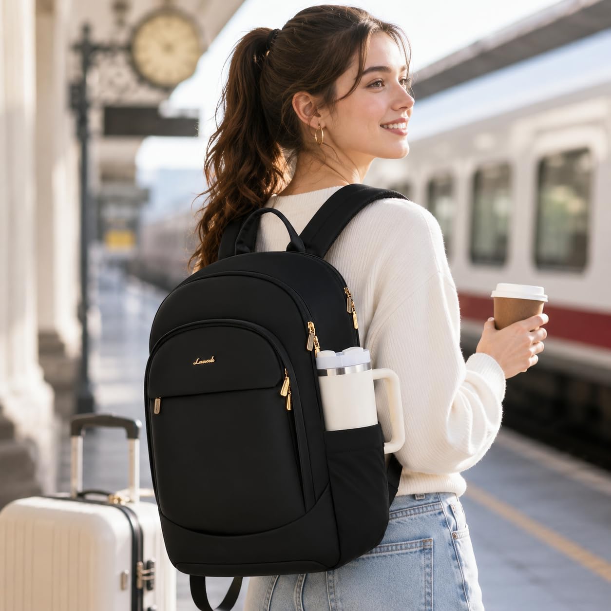 LOVEVOOK Travel Backpack for Women, 17.3 Laptop Backpack Women w/Large Tumbler Pockets, Water Resistant College Bookbag, Large Capacity Black Computer Backpacks for Work, Black