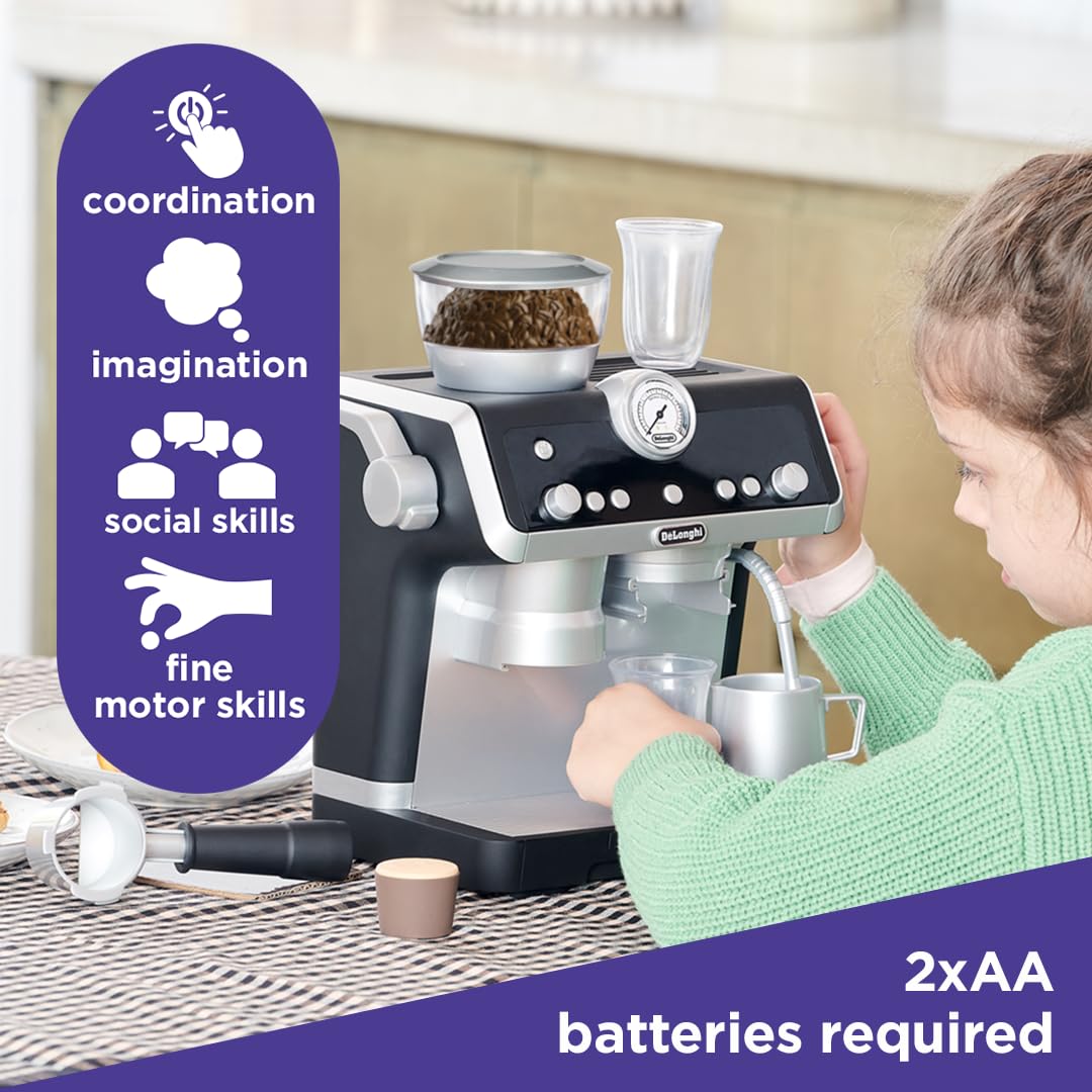 Casdon De'Longhi Toys - Barista Coffee Machine - Toy Kitchen Playset for Kids with Moving Parts, Realistic Sounds & Magic Coffee Reveal - for Children Aged 3+