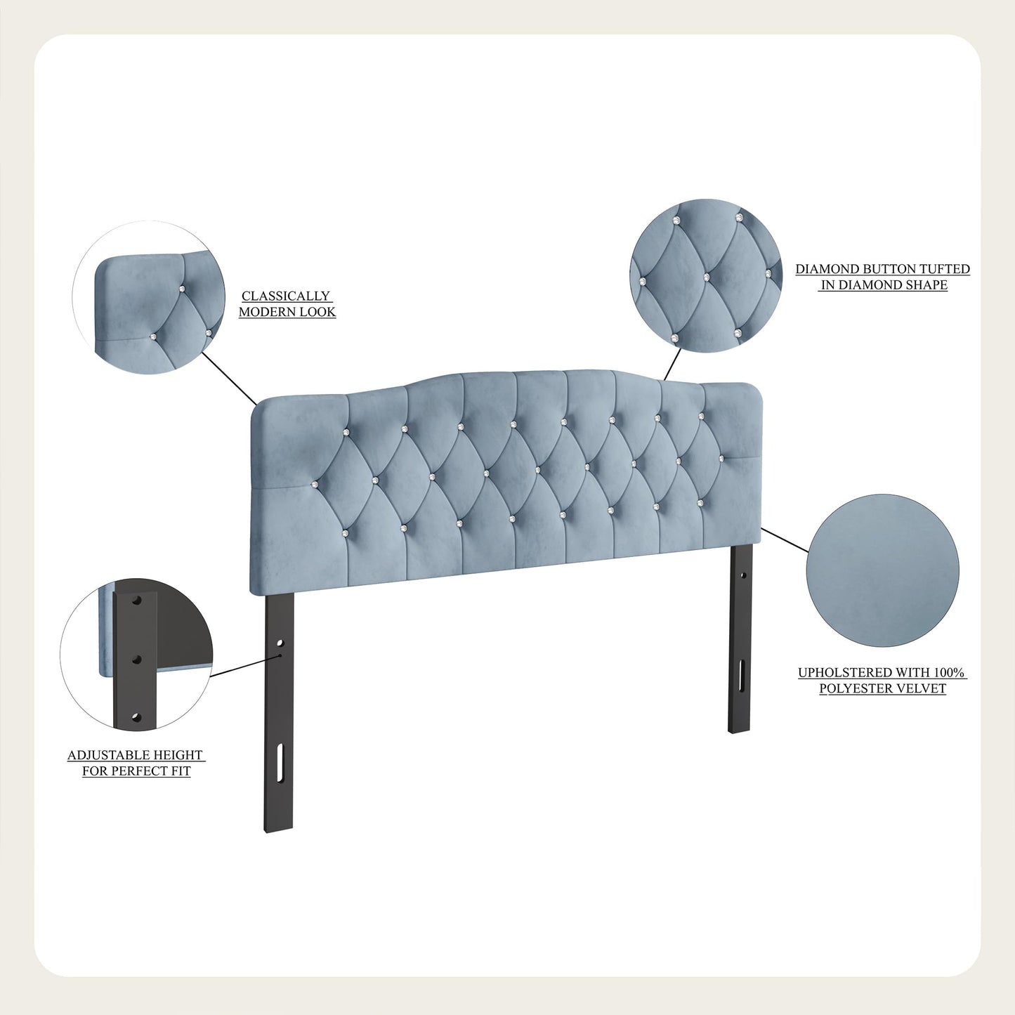 Castle Place Twin Crystal Diamond Button Tufted Velvet Upholstered Adjustable Headboard, Light Grey
