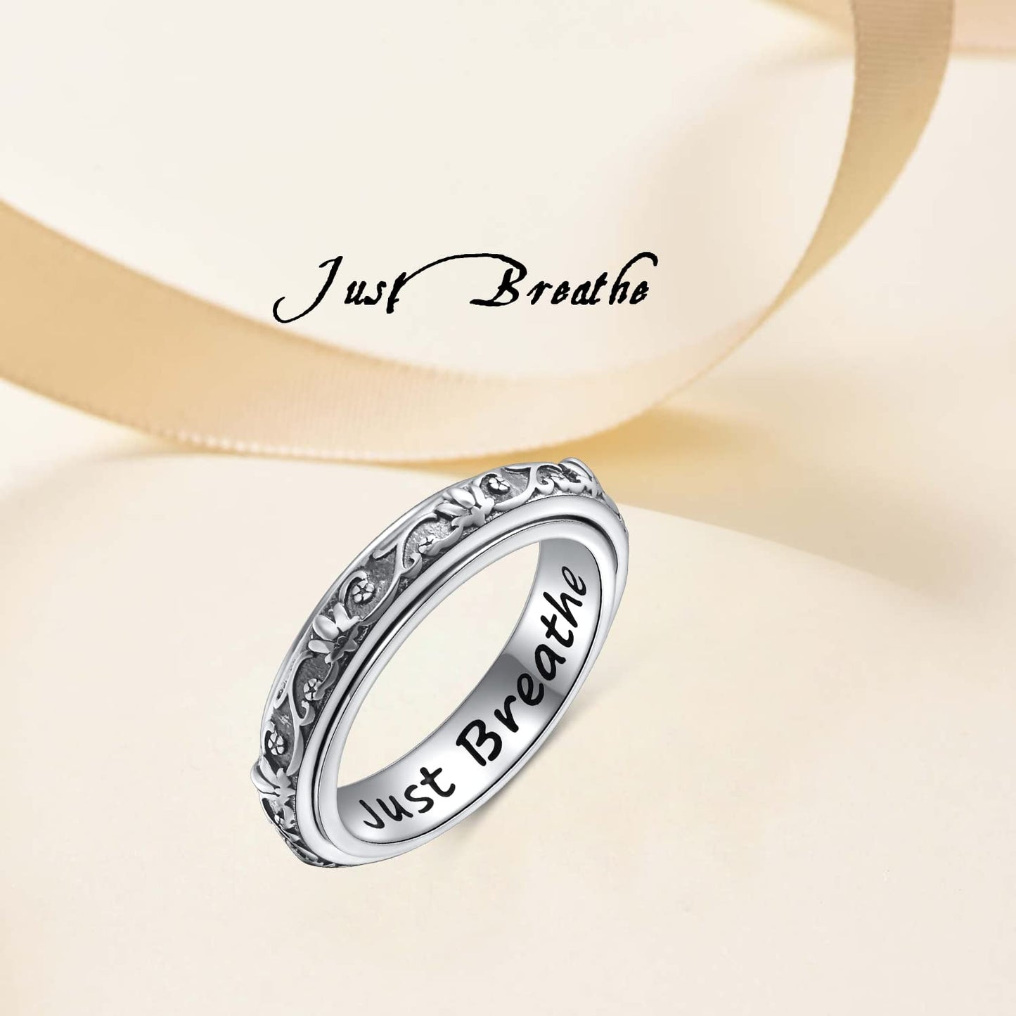 Ladytree Spinner Fidget Ring S925 Sterling Silver Lotus Flower Yoga Just Breathe Anxiety Worry Band Oxidized Stress Relieving Boredom ADHD Autism Rings for Women Men,Size 8