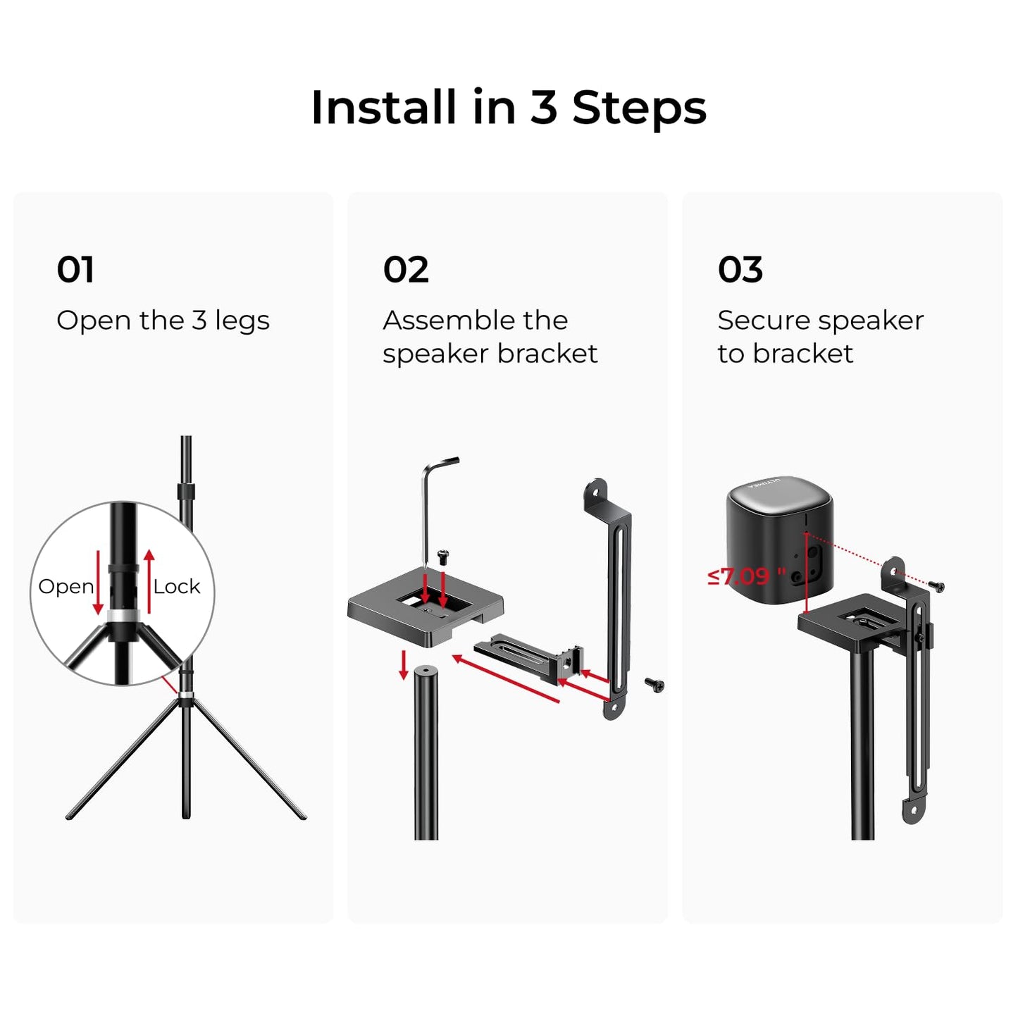 ULTIMEA Universal Speaker Stands Pair, Height Adjustable 24.4"-36.6", Fits Most Satellite & Surround Speakers, 3 Mounting Options, Holds 6.6 lbs, Easy Assembly, for Home Theater, Steady 310