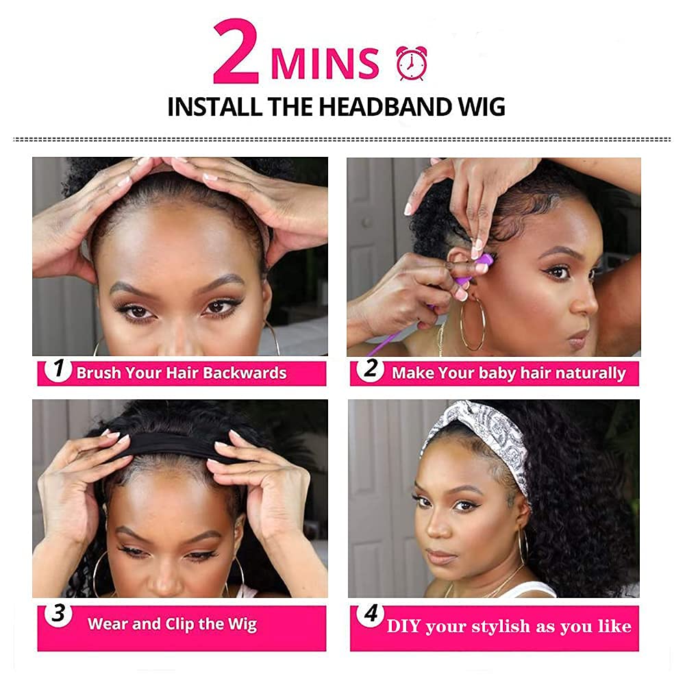Legendhair Glueless Curly Headband Wig Human Hair Headband Wigs for Black Women Curly Wave None Lace Front Wigs with Headband Attached Machine Made Half Wigs Natural Color(14Inch)