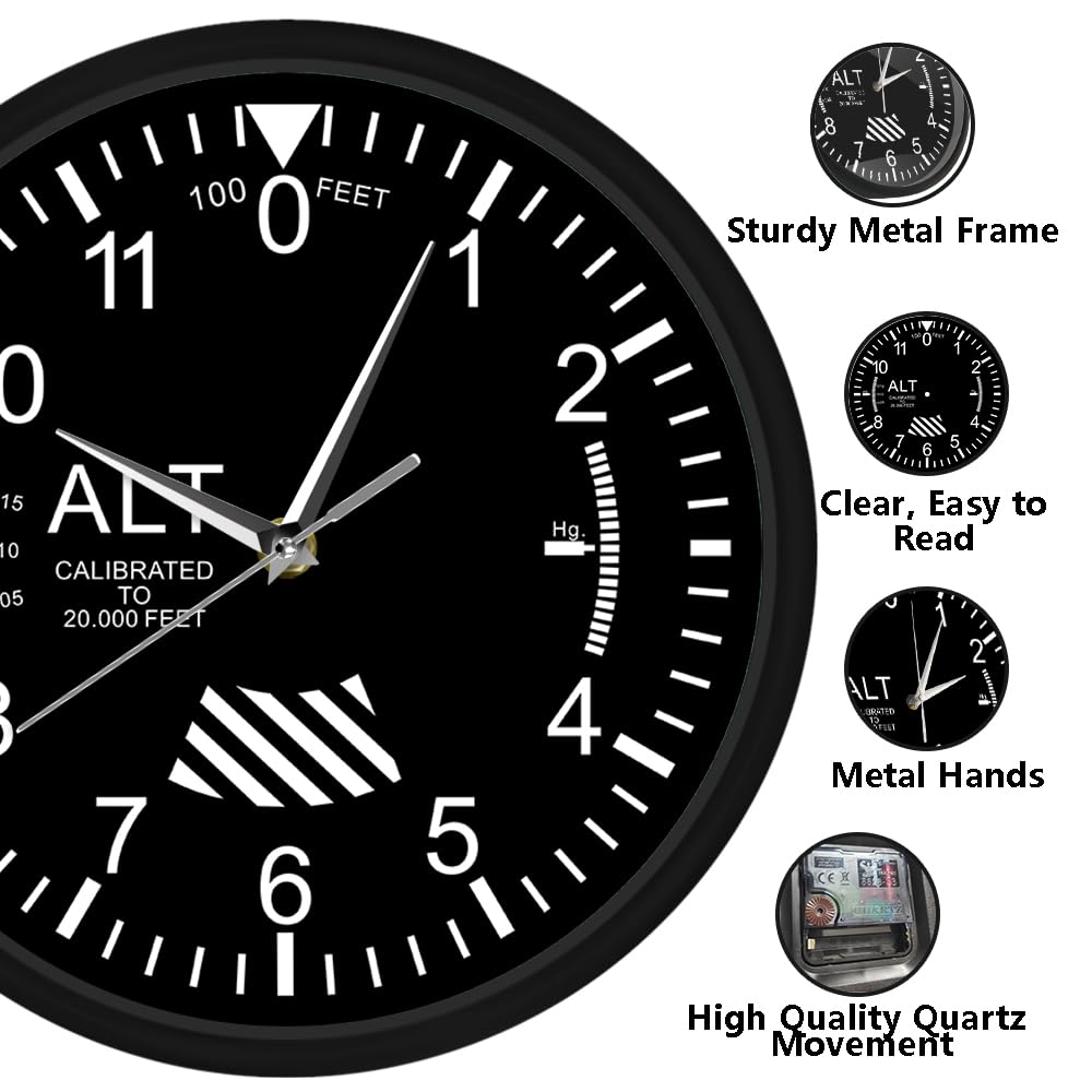 Timethink Classic Altimeter Black Aluminum Frame Wall Clock, Modern Altimeter Instrument Style Wall Clock, Pilot Air Plane Altitude Measurement Watch for Home Office School Kitchen Restaurant Decor