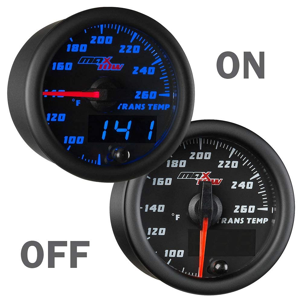 MaxTow Double Vision 260 F Transmission Temperature Gauge Kit - Includes Electronic Sensor - Black Gauge Face - Blue LED Illuminated Dial - Analog & Digital Readouts - for Trucks - 2-1/16" 52mm