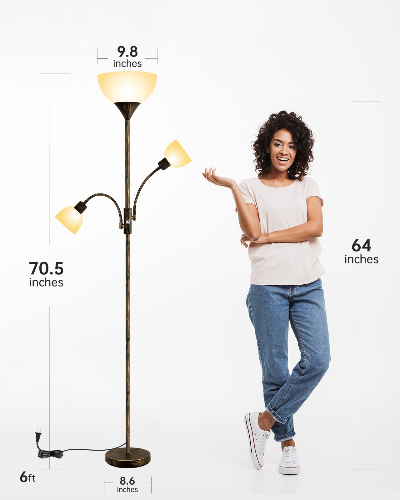 Floor Lamp, Standing Lamp, 71" Tall Lamps for Living Room, 3 Way Switch, Plastic Lampshade, Torchiere Tree Lamp with Reading Light, Modern Pole Lamps for Bedroom E26 Base(No Bulb, Rustic Bronze)