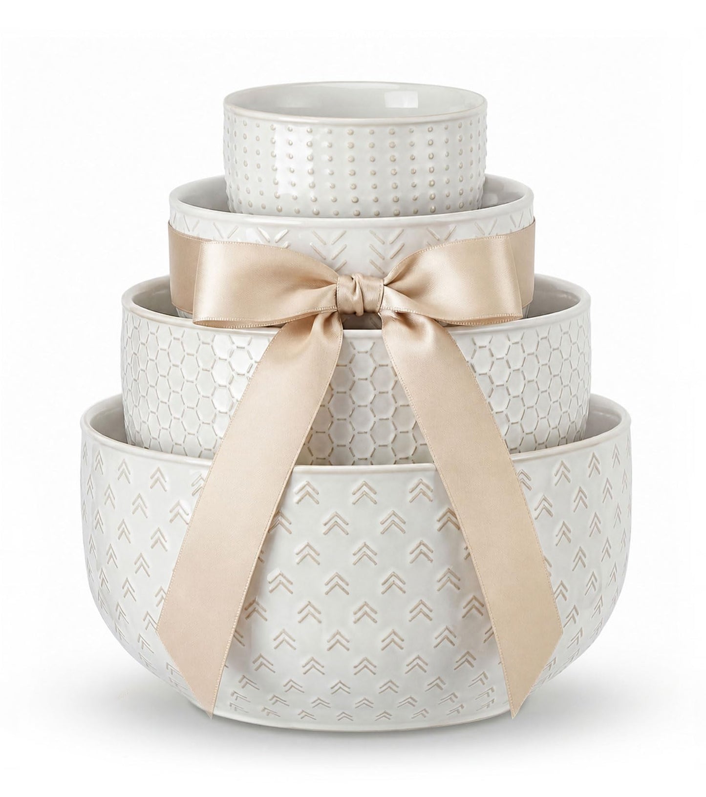 Lareina Ceramic Large Mixing Bowls Set of 4, Nesting Bowls for Cooking, Baking, Salad Etc, Serving Bowls Gift, Kitchen Stoneware, Oven, Microwave and Dishwasher Safe - 20/44/98/145 OZ, Ivory White