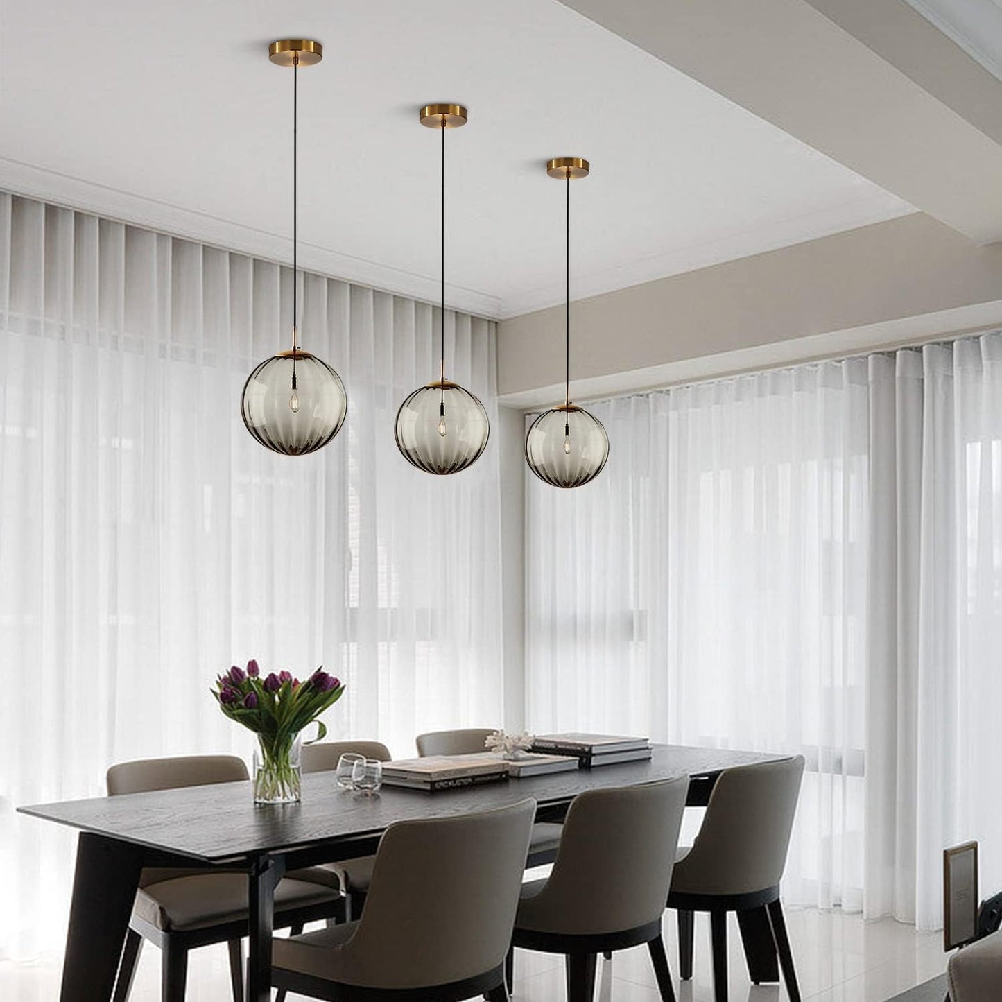 KCO Lighting Mid Century Modern Globe Pendant Light Smoke Mini Vintage Grey Glass Pendant Lighting 1-Light Single Globe Chandelier Farmhouse Kitchen Island Light Fixtures (Smoke Gray-7.9”)