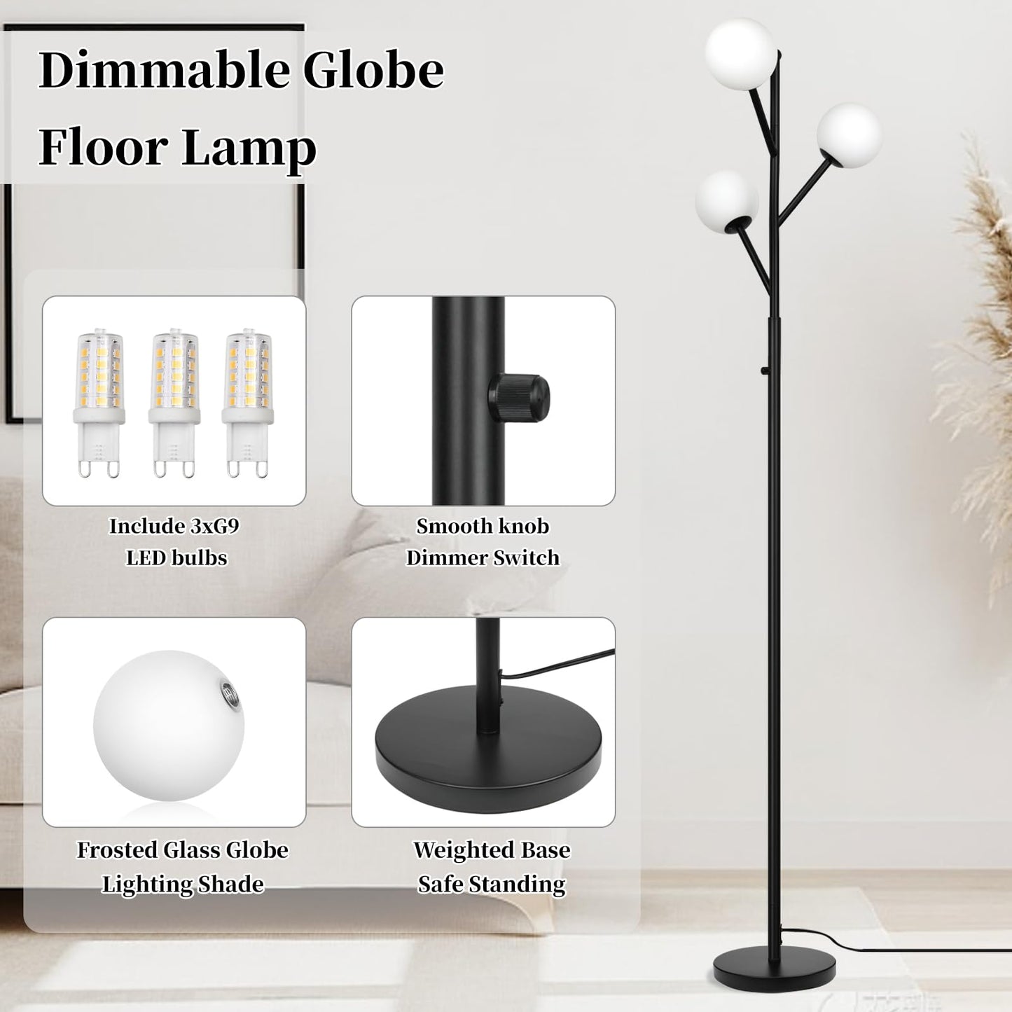 Ldeco 3-Globe Mid Century Black Tree Floor Lamp for Living Room,70in Tall Modern Stepless Dimmable Standing Lamp with Frosted Glass Shade for Office Bedroom, Study Room Bulbs Included(dimmer-Black)