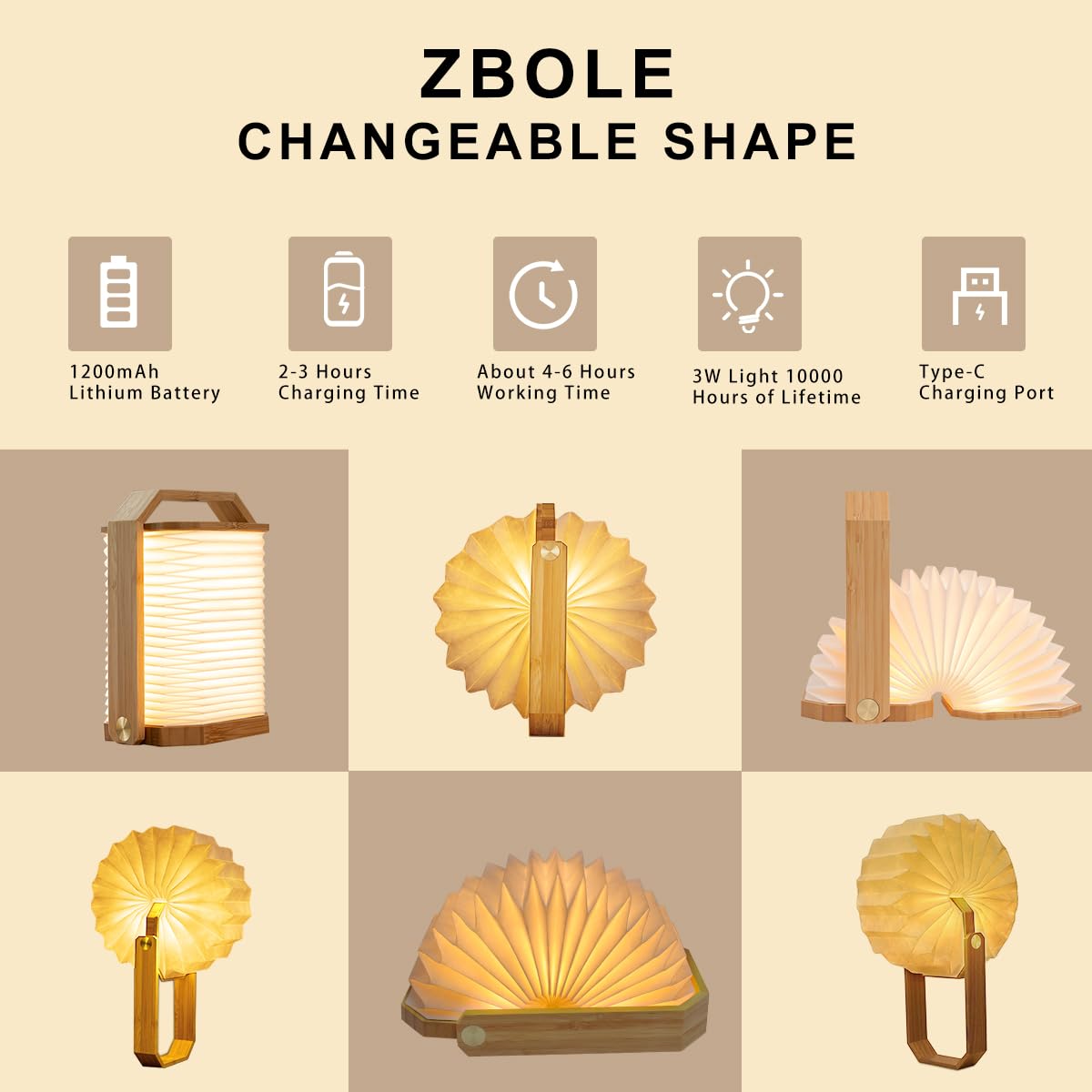 ZBOLE Foldable Japanese Style Lantern, 1200mAh Rechargeable, 4-6H Runtime, 2-in-1 Handheld & Table Lamp, Soft Warm Light, Outdoor Camping Travel Gear, Home Decor & Gift (Bamboo)