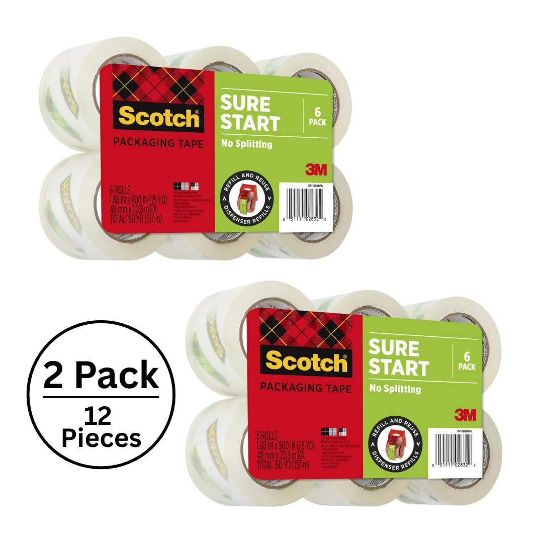 Scotch Sure Start Shipping Packaging Tape, 1.88" x 25 yd, Designed for Packing, Shipping and Mailing, No Splitting or Tearing, 1.5" Core, Clear (12 Rolls)