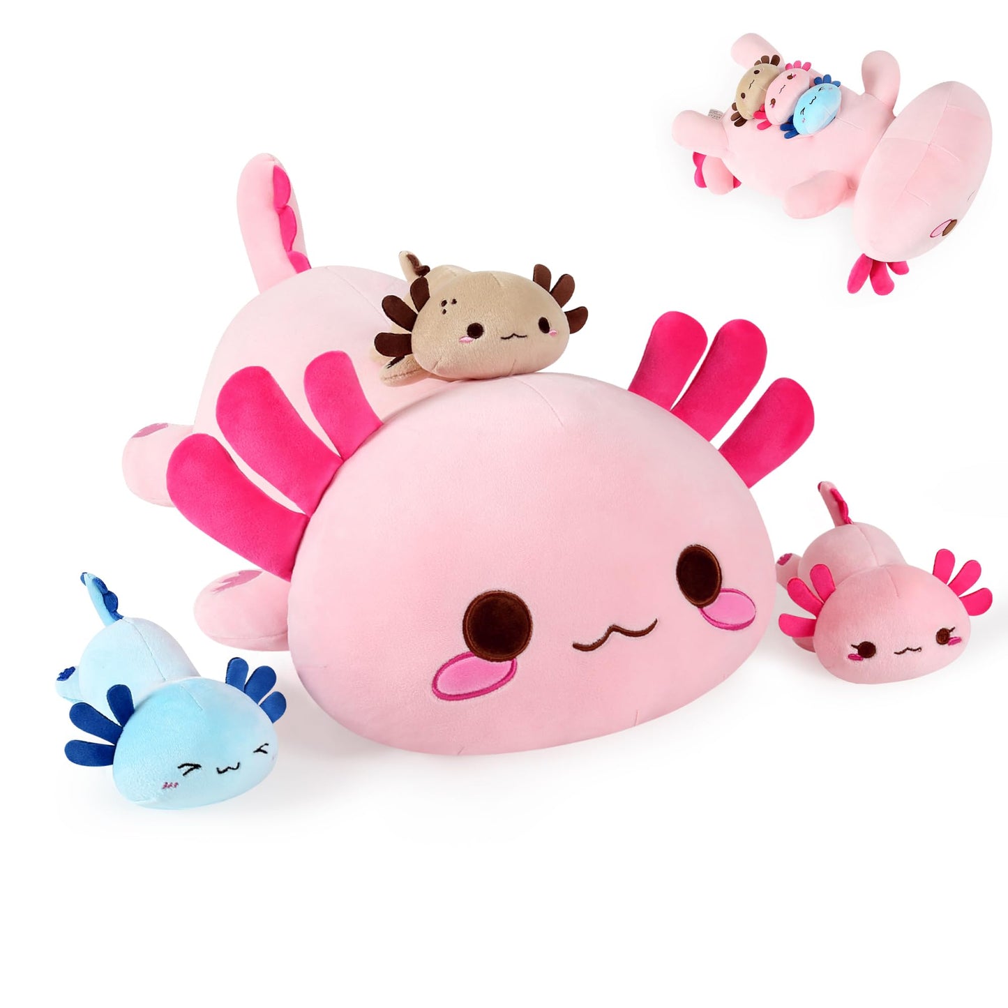 Onsoyours Axolotl Stuffed Animal Mommy 19.7" With 3 Baby Axolotl Plushies In Tummy, 4-Piece Cute Axolotl Family Plush Pillow Toys For Kids, Girls, Boys (Pink)