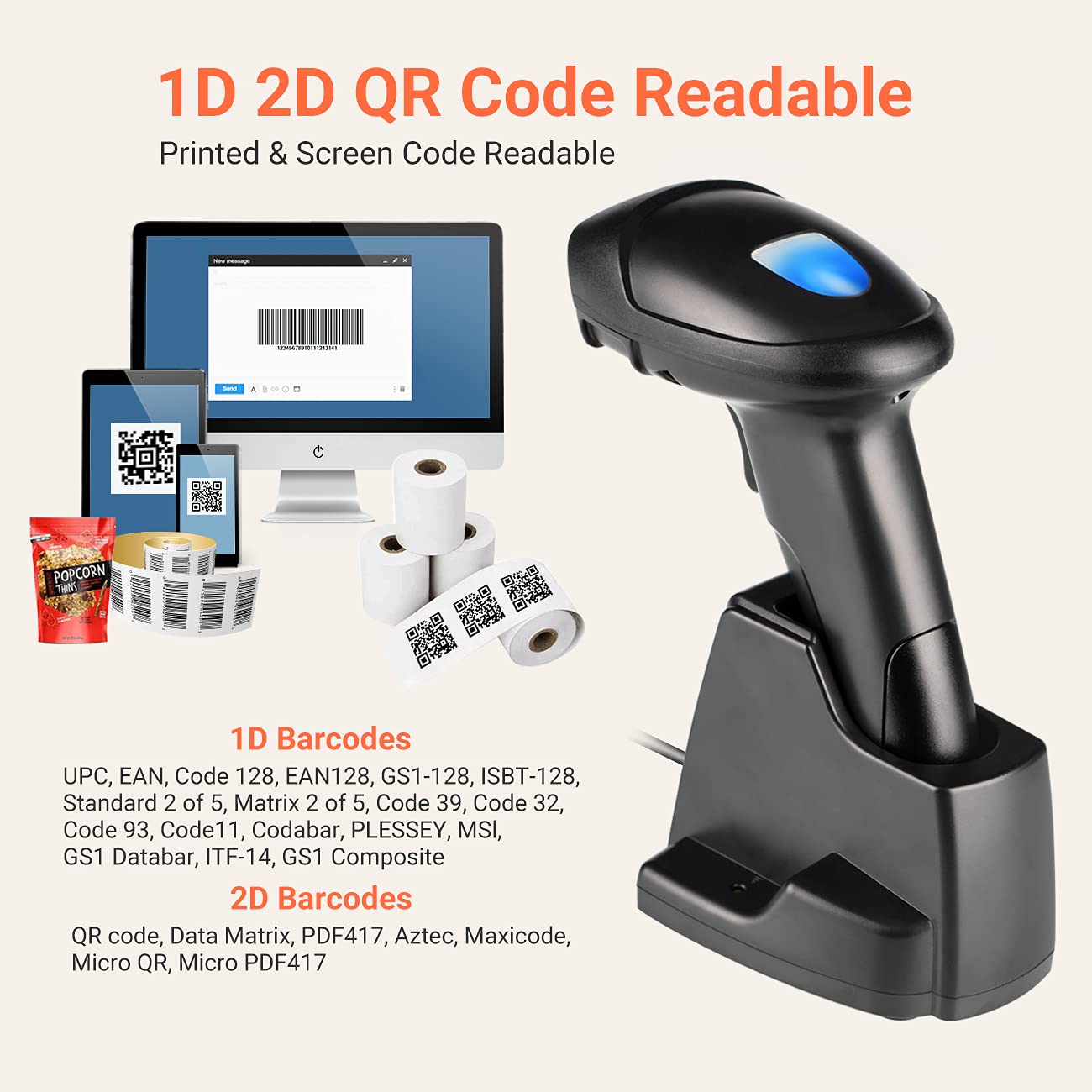 Tera Wireless 1D 2D QR Barcode Scanner with USB Charging Base Handheld Bar Code Reader Scanner Automatic Sensing Fast Precise Scanner HW0005