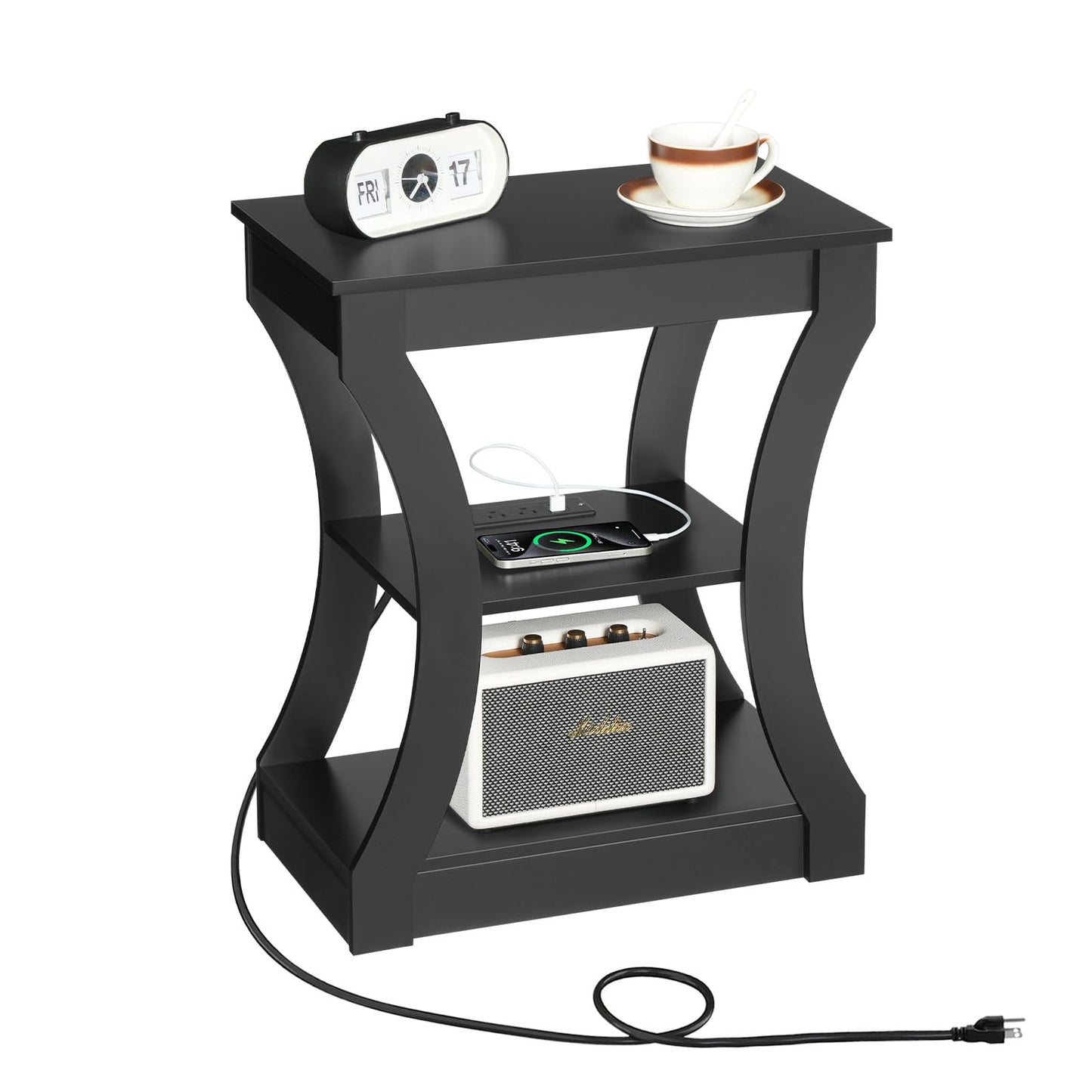 MAHANCRIS Black End Table with Charging Station, Skinny Side Table with USB Ports and Outlets, Nightstand, 3 Tier Bedside Table with Storage Shelf for Living Room, Bedroom, Small Space, ETBK53E01