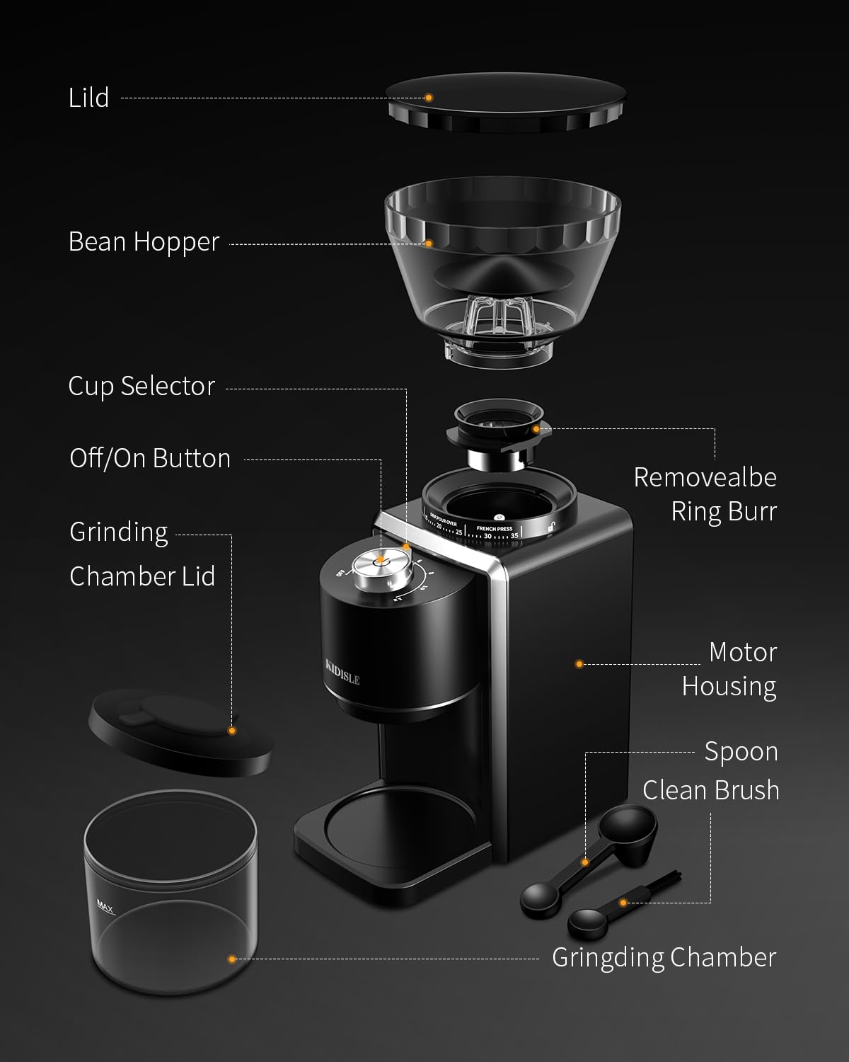 KIDiSLE Conical Burr Espresso Grinder, 35 Precise Settings Electric Coffee Bean Grinder with Anti-Static Technology, Quiet Burr Coffee Grinder for Espresso, Pour Over, French Press, 2-12 Cup, Black
