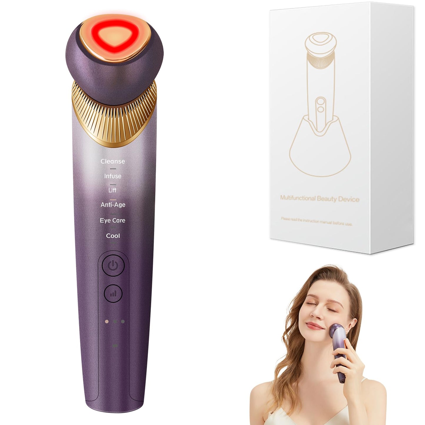 Yuonry 6-in-1 Age-Defying - Eye, Face & Neck Lift & Firm, 5-Color Light Therapy for Face with Microcurrent, Vibration, Heat & Cooling, Skin Care Tool for Youthful & Tightening Skin (Purple)