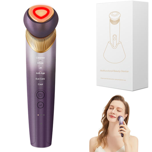 Yuonry 6-in-1 Age-Defying - Eye, Face & Neck Lift & Firm, 5-Color Light Therapy for Face with Microcurrent, Vibration, Heat & Cooling, Skin Care Tool for Youthful & Tightening Skin (Purple)