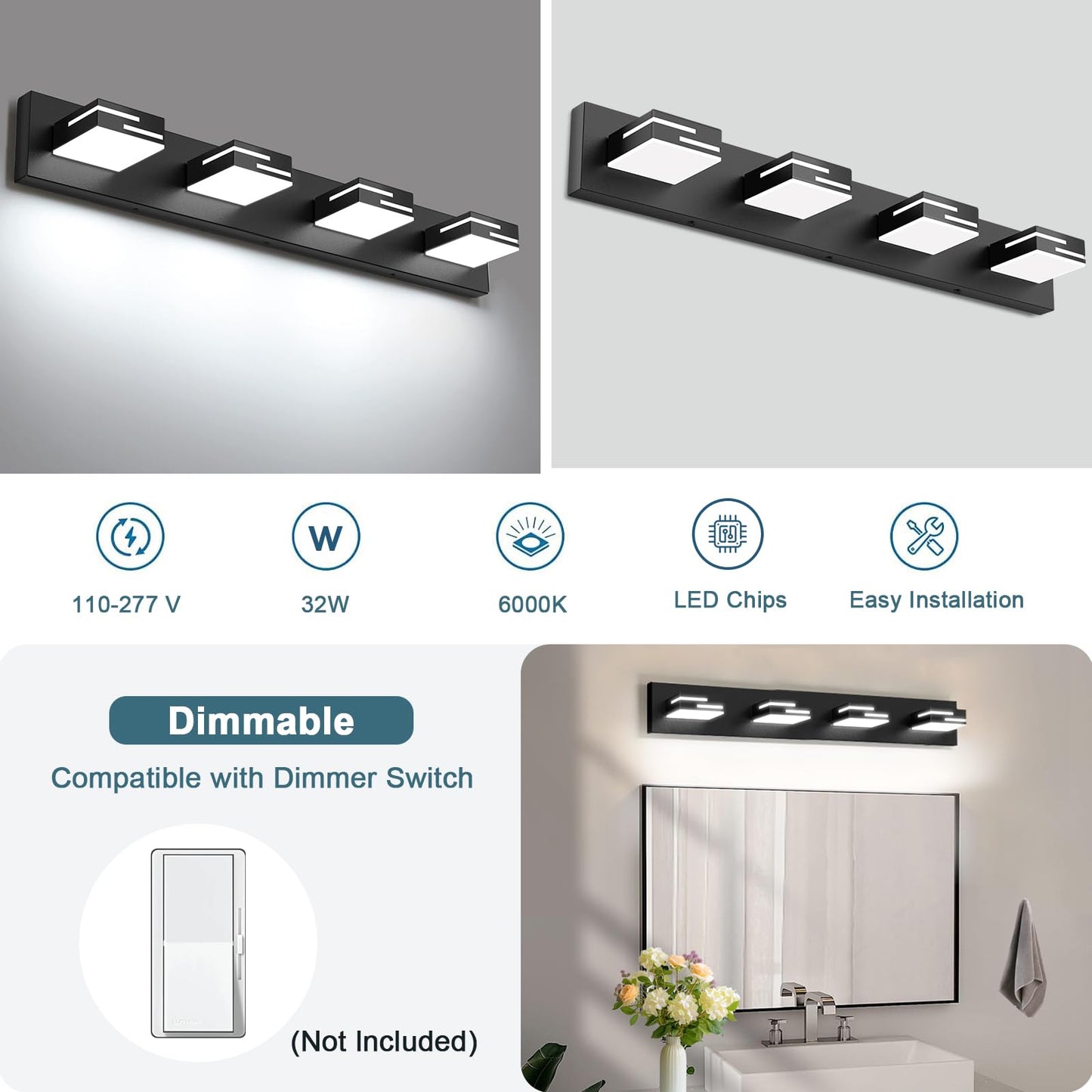 LKHF LED Modern Bathroom Vanity Light Fixtures, Dimmable Matte Black Vanity Lights for Bathroom Lighting Fixtures Over Mirror, with 360° Rotatable Acrylic Heads 4-Light 30-inch (Cool White 6000K)