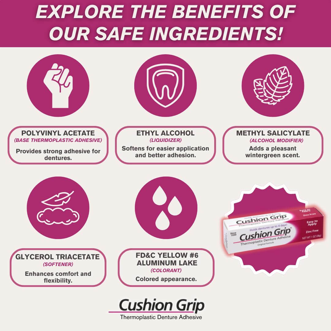 Cushion Grip Thermoplastic Denture Adhesive, 1 oz - Improves Denture Fit, Comfort & Stability | Non-Glue Adhesive, Acts Like a Soft Reline (Pack of 6)