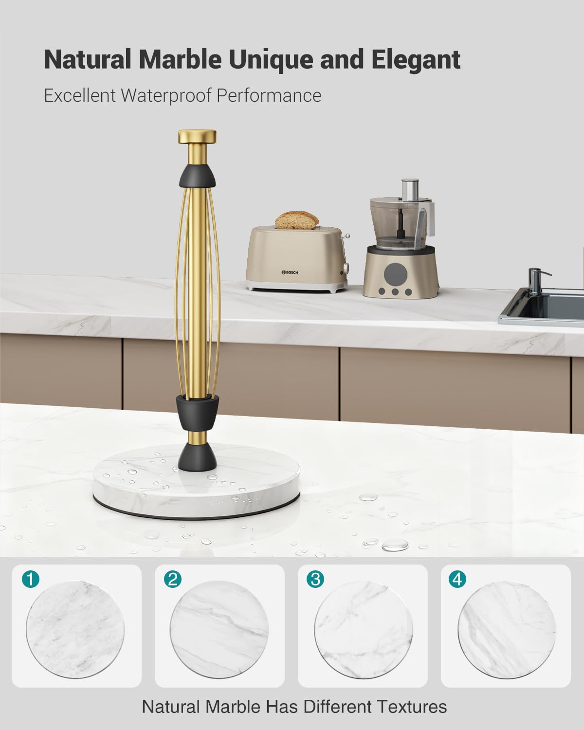 Paper Towel Holder Countertop, Marble Weighted Base, Warm Gold, One-Handed Tear, Freestanding Paper Towel Stand Rack with Ratchet Mechanism for Kitchen Bathroom Essential Decor Accessories