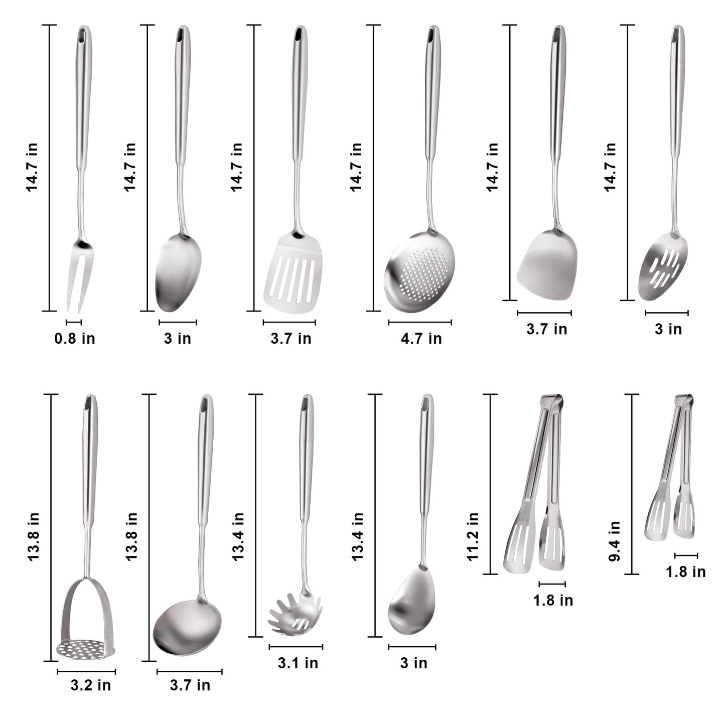 304 Stainless Steel Cooking Utensils Set, Stainless Steel Kitchen Utensils, 12 PCS Long Large Metal Cooking Utensil Tools Set, Potato Masher, Fork, Tongs, Pasta, etc (Dishwasher Safe)