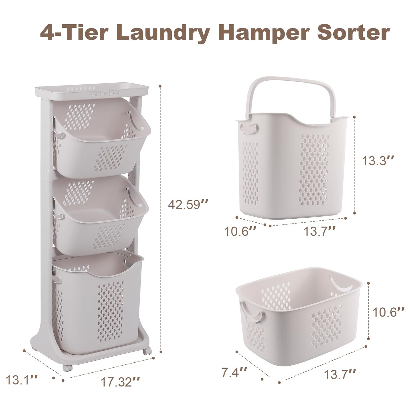 FAHKNS 3-Tier Laundry Sorter Cart with Wheels, Large 75L Capacity Hamper Organizer, Rolling Storage with Removable Mesh Bins for Laundry Use in Home, Dorm, Apartment (17.3" x 13.1" x 42.6)