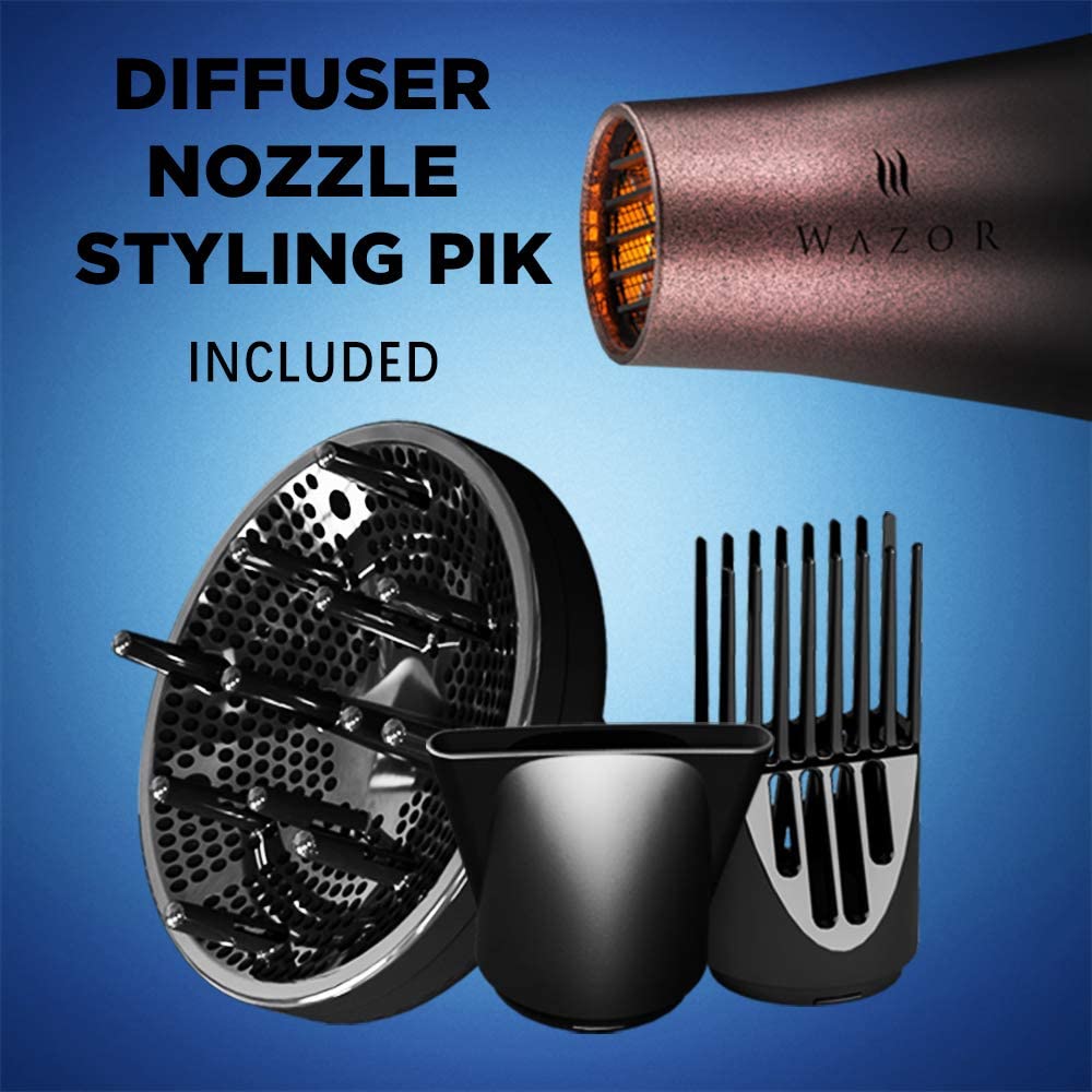 Wazor Professional Ionic Hair Dryer with Diffuser, Infrared Salon Grade Blow Dryer with Comb Attachment, 1875W Powerful Quiet Hair Blow Dryer, Tourmaline Ceramic Hairdryer with Nozzle, Black