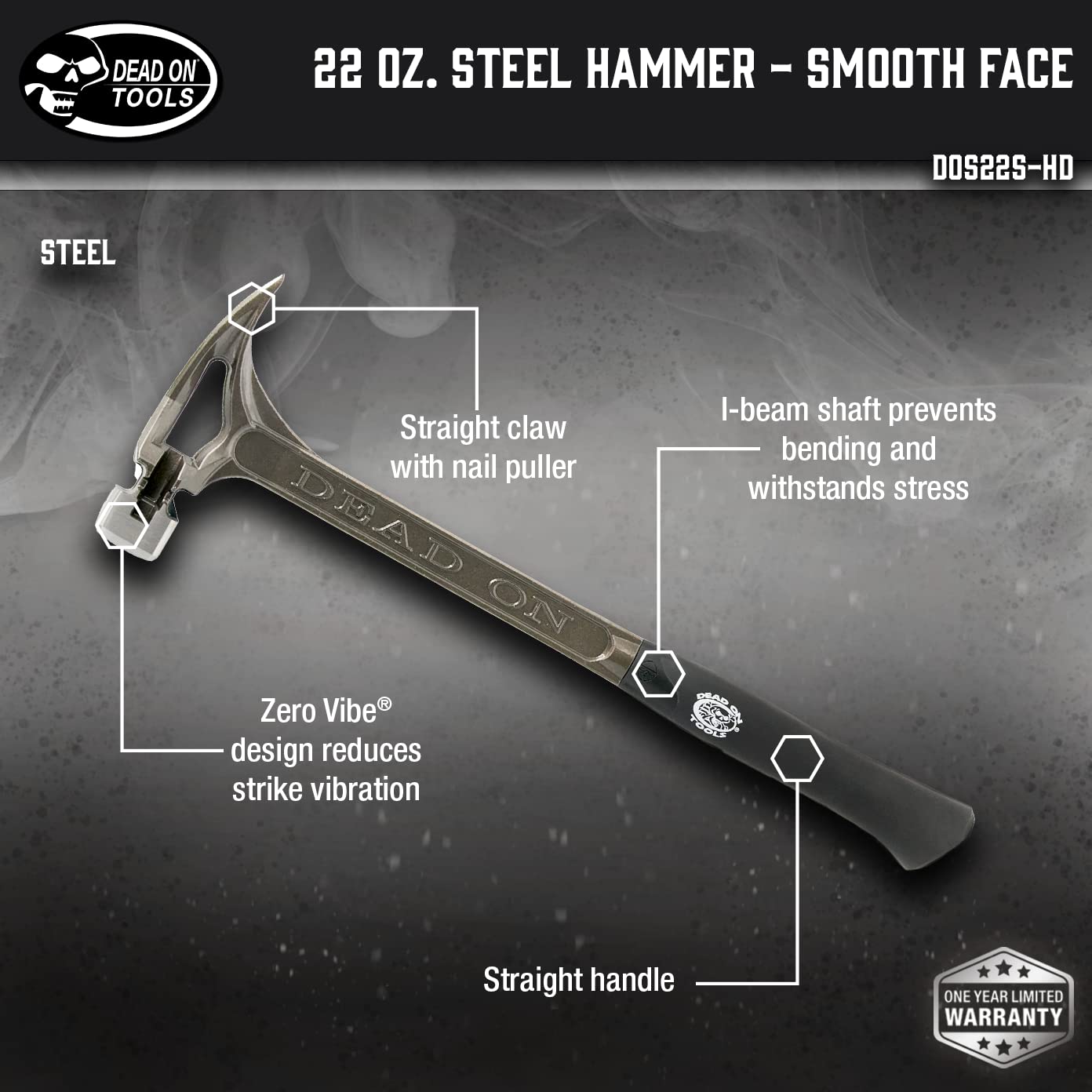 Dead On DOS22S 22-Ounce 18-Inch Steel Smooth Face Hammer, silver