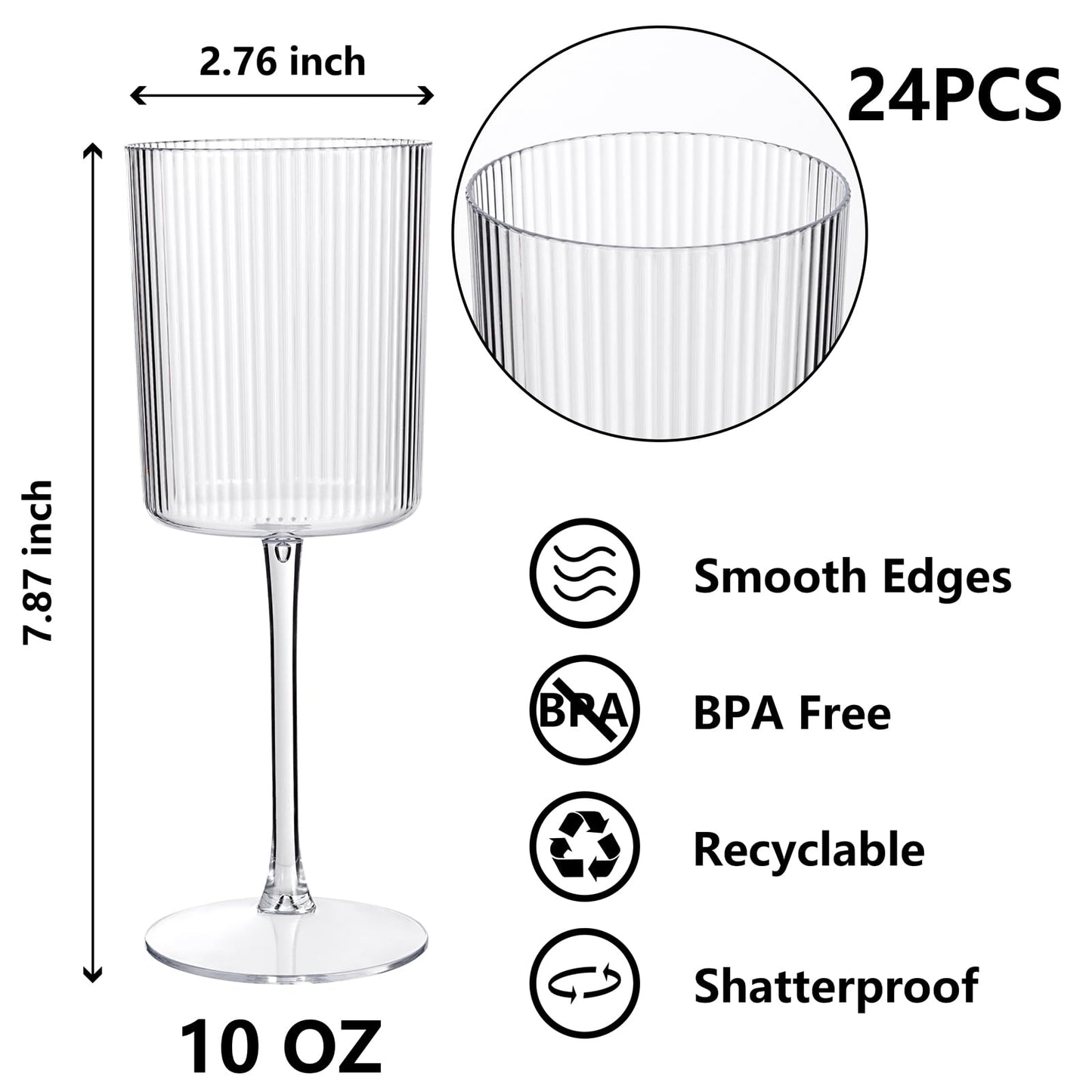 YOUBET 24 Pack Plastic Ribbed Wine Glasses - 10 OZ Clear Square Wine Glasses with Stem - Heavy Duty Vintage Disposable Champagne Cups for Wedding Parties