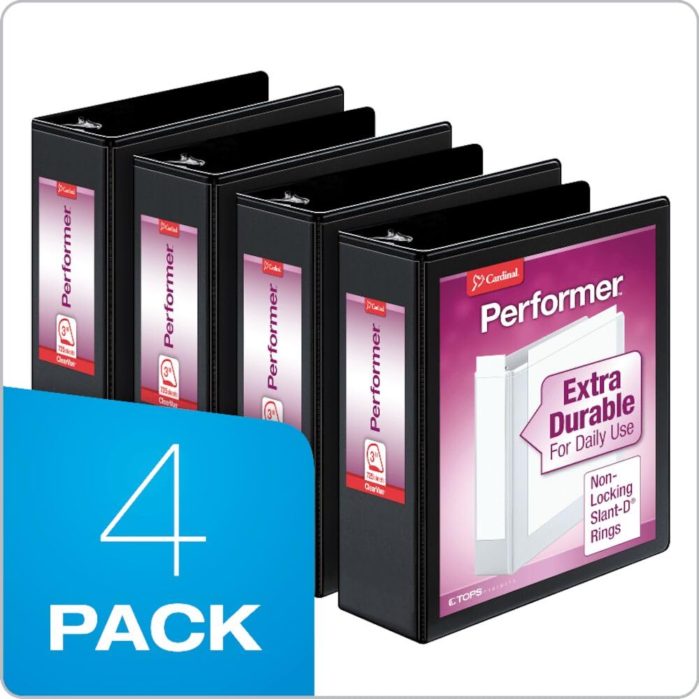 Cardinal Performer 3-Ring Binders, 3", Non-Locking Slant-D Rings, 725-Sheet Capacity, ClearVue Presentation, Non-Stick, PVC-Free, Black, 4-Pack (27601)